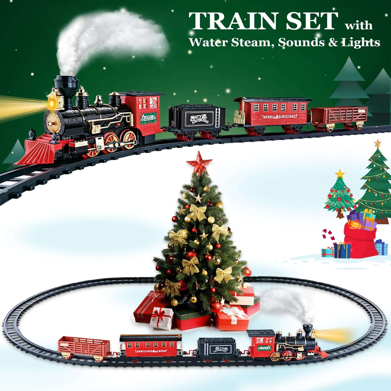OleFun Train Set - Train Toys for Boys Girls w/Smokes, Lights & Sound, Railway Kits, Toy Train w/Steam Locomotive Engine, Cargo Cars & Tracks, for 3 4 5 6 7 8+ Year Old Kids 3
