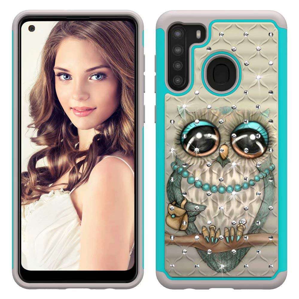 Lantier Heavy Duty Glitter Bling Hybrid Dual Layer 2 in 1 Hard Cover Soft TPU Impact Armor Defender Protective Shockproof Diamond Case for Samsung Galaxy A21 Owl 1