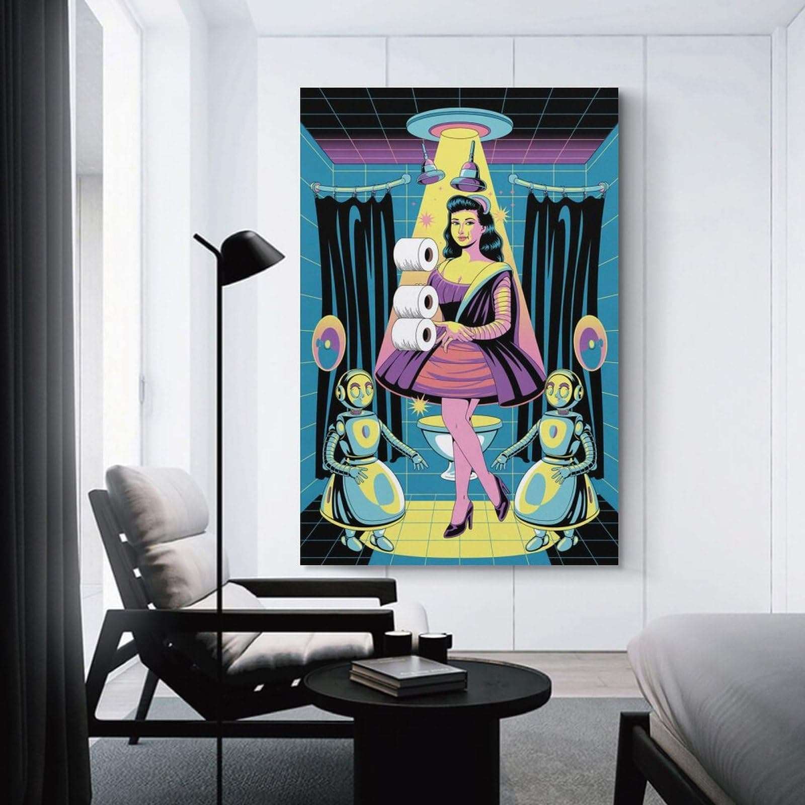 Whimsical Bathroom Decor UFO Scrubber Beehive Hair & Atomic Age Blacklight Curtains Canvas Poster Unframe-style 16x24inch(40x60cm) 4