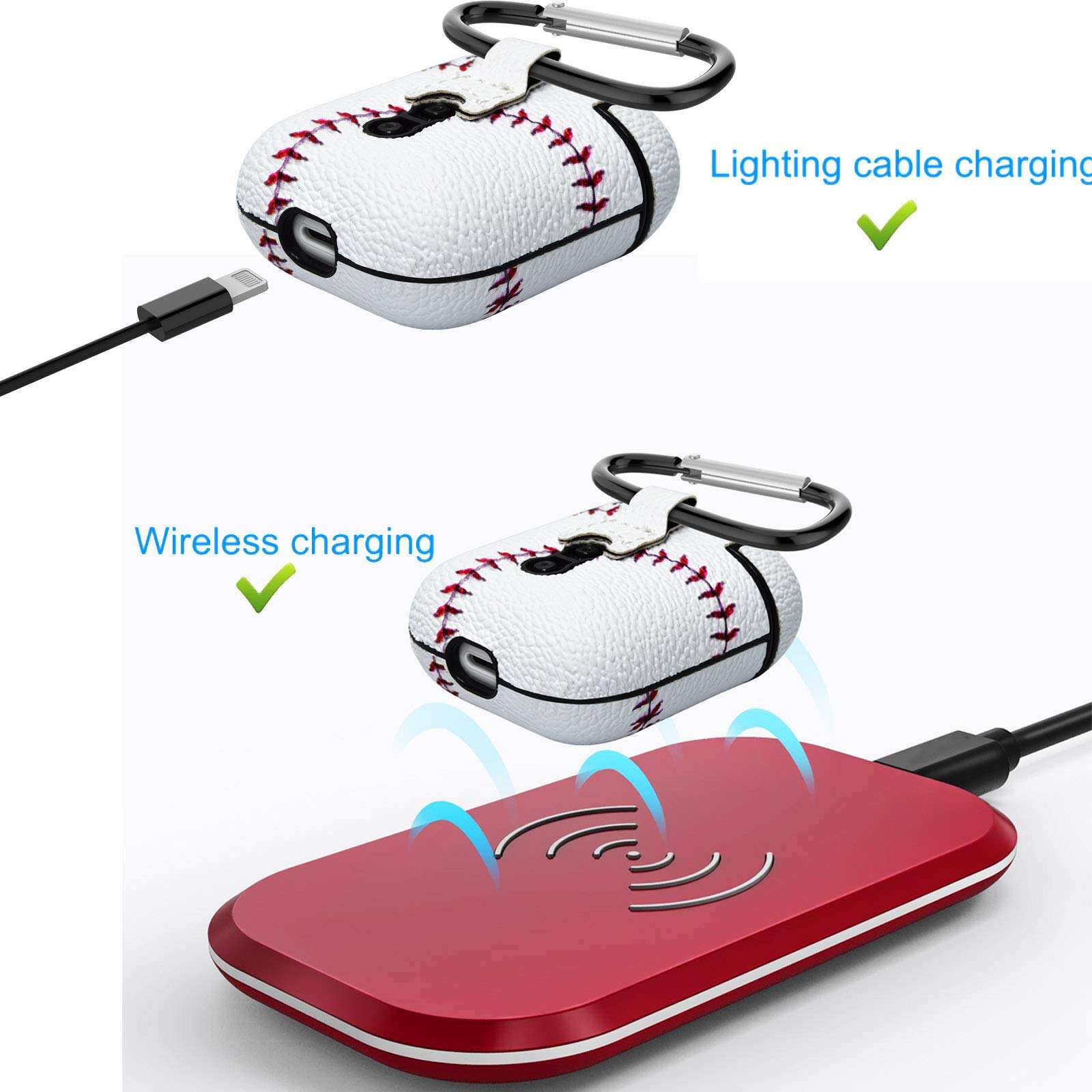 Tekcoo AirPods Case, [Front LED Visible] AirPods Accessories Cover Compatible with Apple Airpods 1 & AirPods 2 Protective PC Plastic Inner + PU Vegan Leather Pattern Skin & Keychain [Baseball] 5