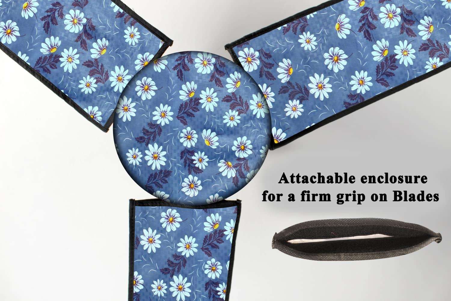 The Furnishing Tree Waterproof & Dustproof Three Blade Ceiling Fan Cover with Attachable End Enclosure Set of 1 Fan Cover Floral Blueish Grey 3