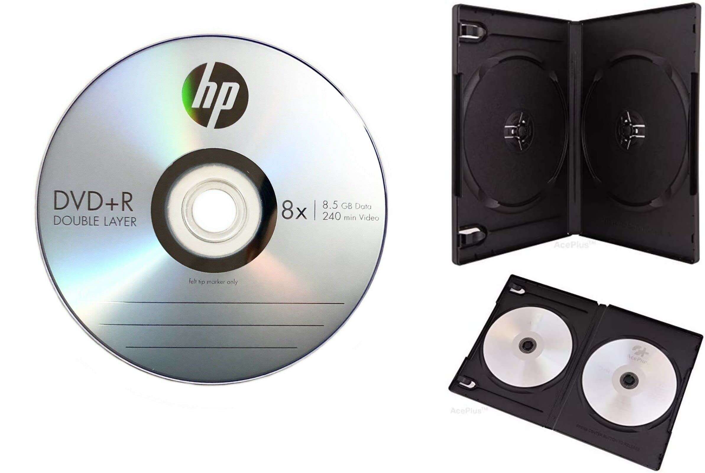 Professional Branded DVD+R DL ( Double Layer) 8.5 Gb 8X X 240 Minute with Combo Plastic DVD Cover Black with Each DVD Pack of (2)
