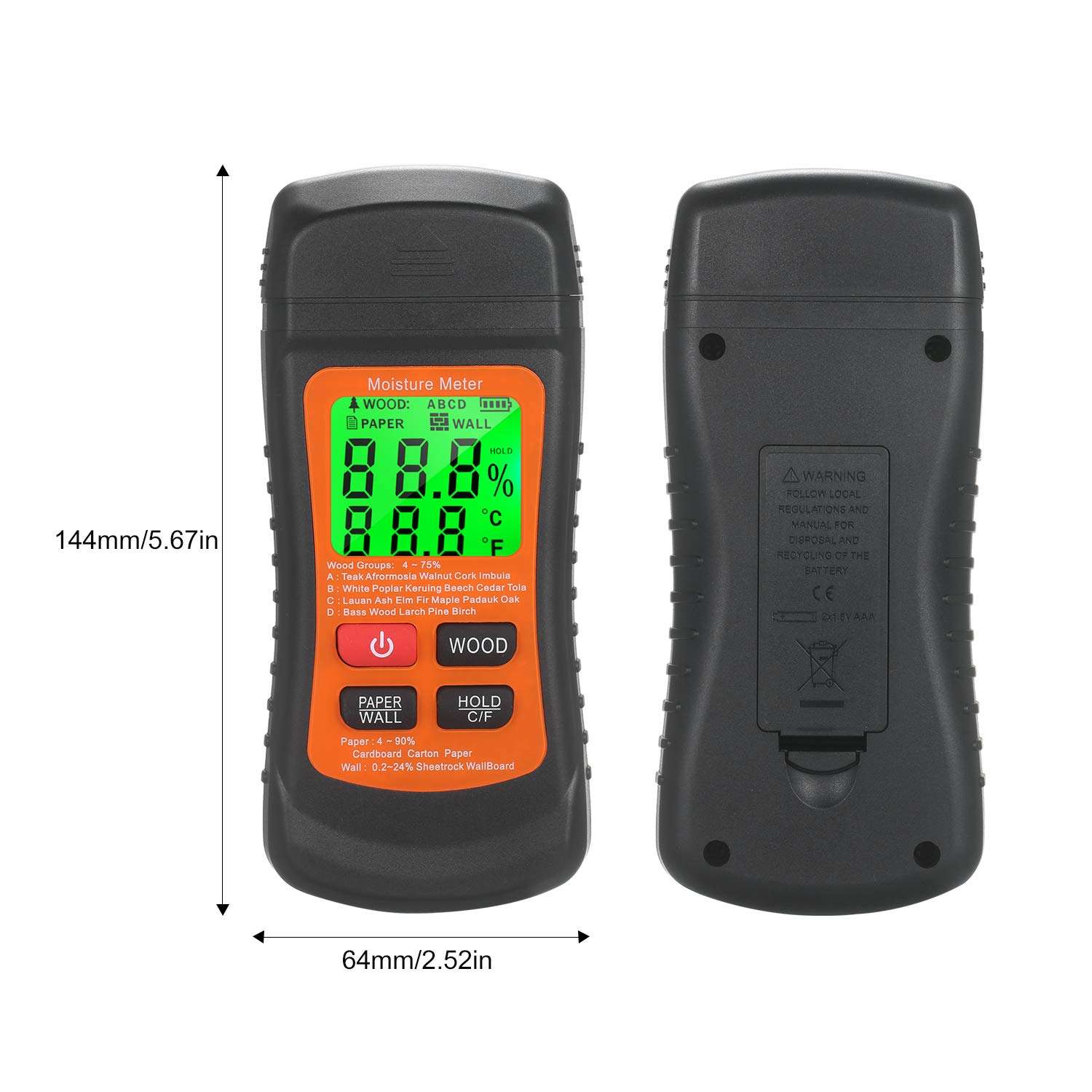 Moniel Wood Moisture Meter LCD Digital Damp Moisture Tester with Green Backlight Pin Type Water Leak & Moisture Detector with Wood & Paper & Wall 3 Modes Data Hold ℃/℉ Temperature Meter for Wood Wall 3