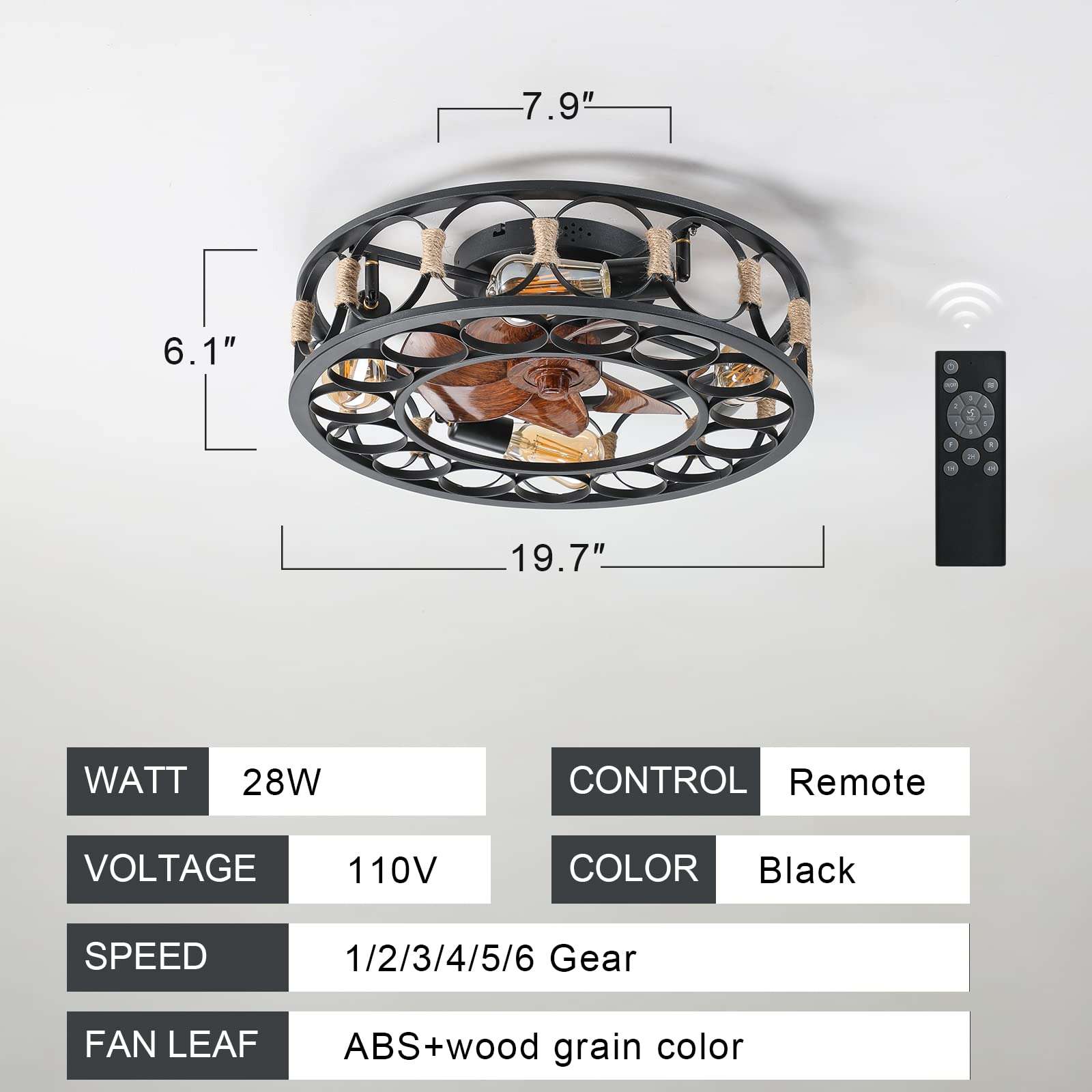 Fulvari Caged Ceiling Fan, One Size, Black 5 Led Bulbs Include 6