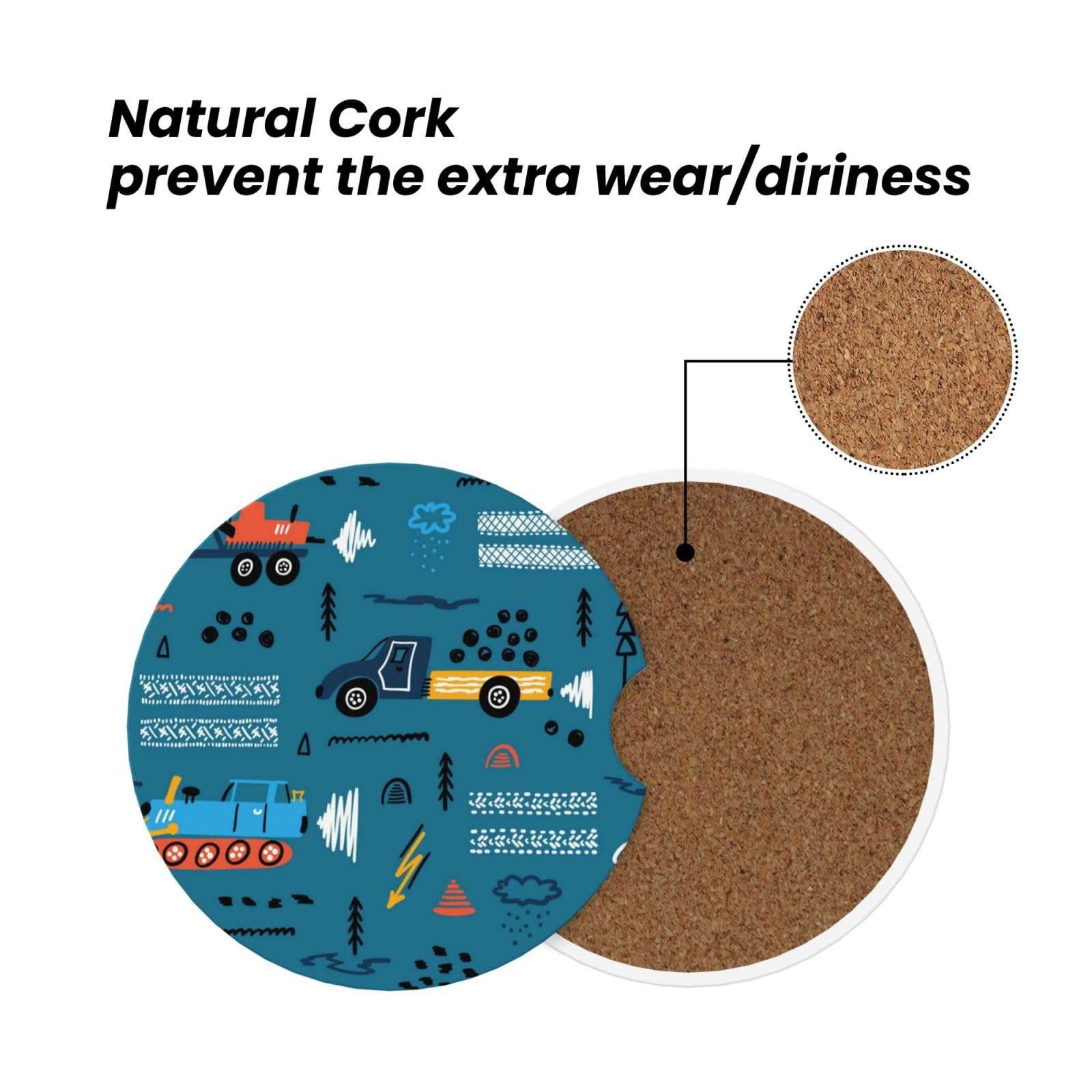 Xiso Ver Construction Trucks Car Cup Coasters 2 Pack Ceramic Cup Holders 2.56" Cork Base Drink Coasters with Finger Notch for Easy Move of Car Cup Holder 6