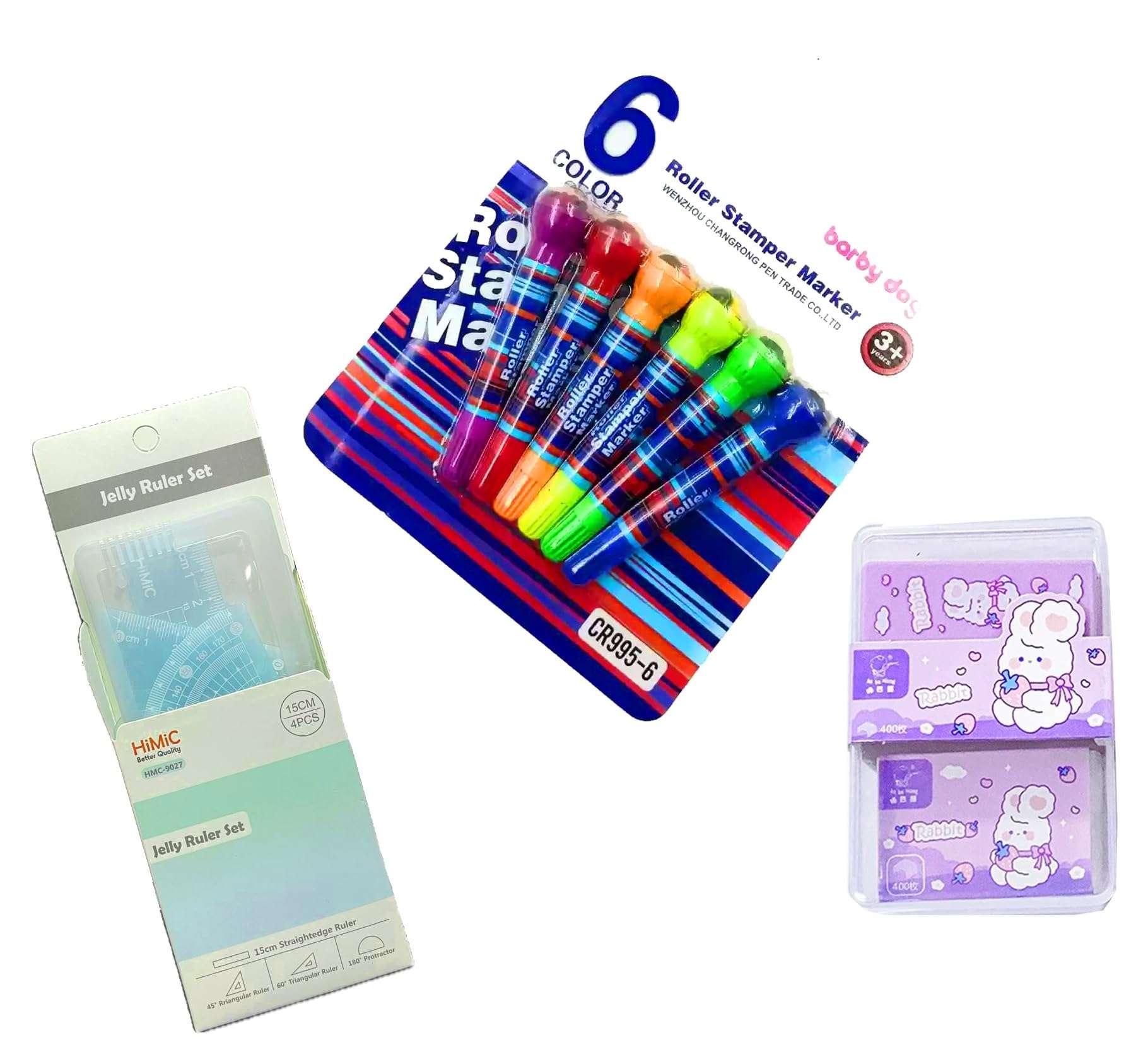 Tech-Lobby Combo Of 3 || Roller Highlighter Pen || Jelly Ruler Set || Rabbit Erazer For Kids And Return Gifts. 1