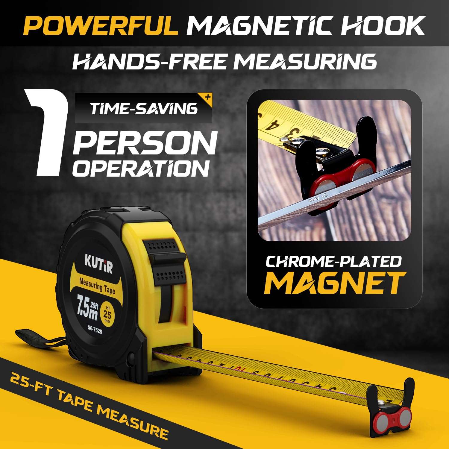 Kutir 25-Ft Tape Measure with Magnetic Hooks, Fraction Markings, Steel Retractable, Both Side Ruler, Easy to Read Measuring Tape, Shock Absorbent Rubber Case 3