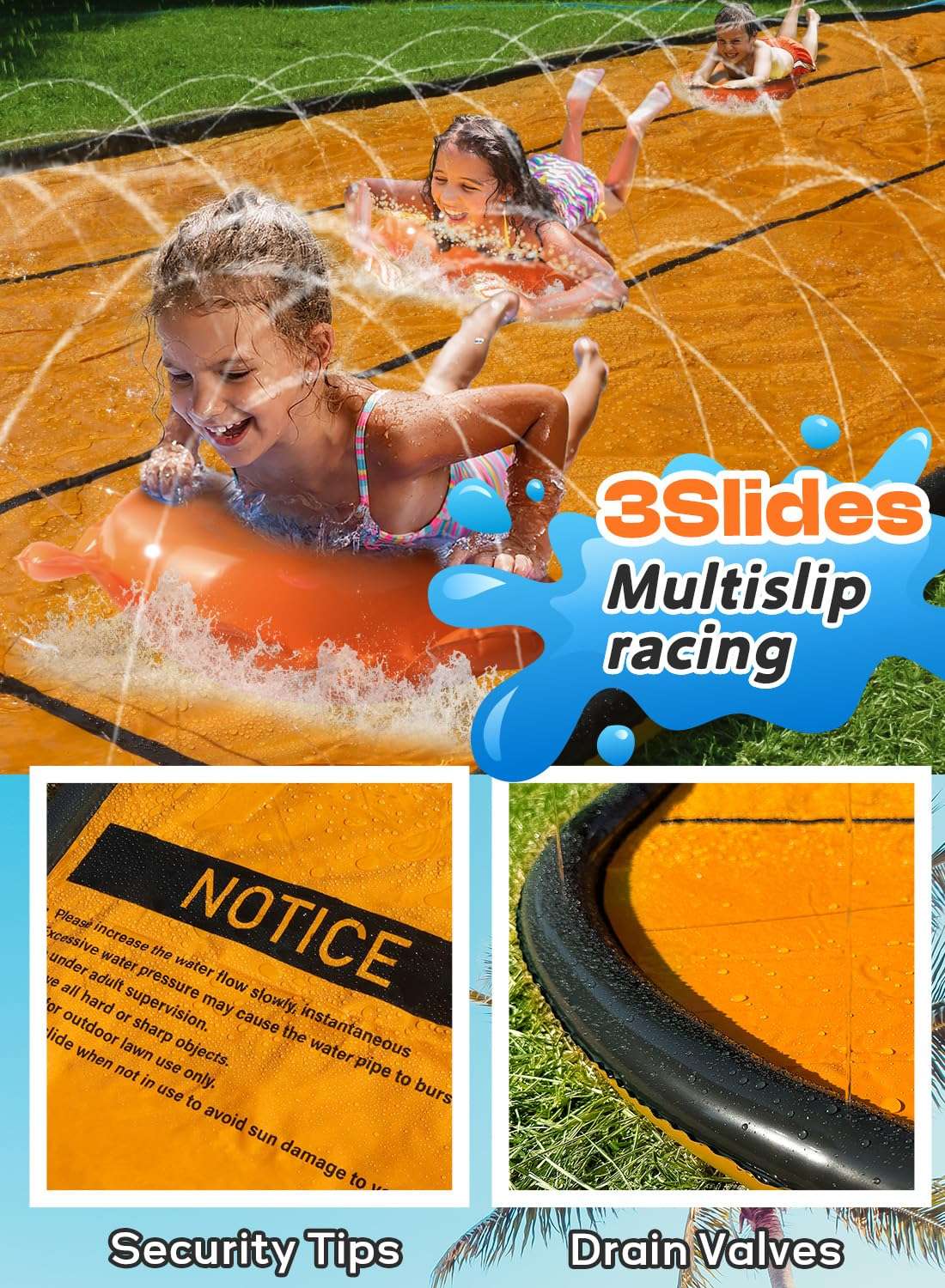 Slip and Water Slip，Slip Water Slide for Kids Backyard 17ft*3 Lane Orange,Summer Toys for Kids Outdoor with Sprinkler and 3 Bodyboards 4