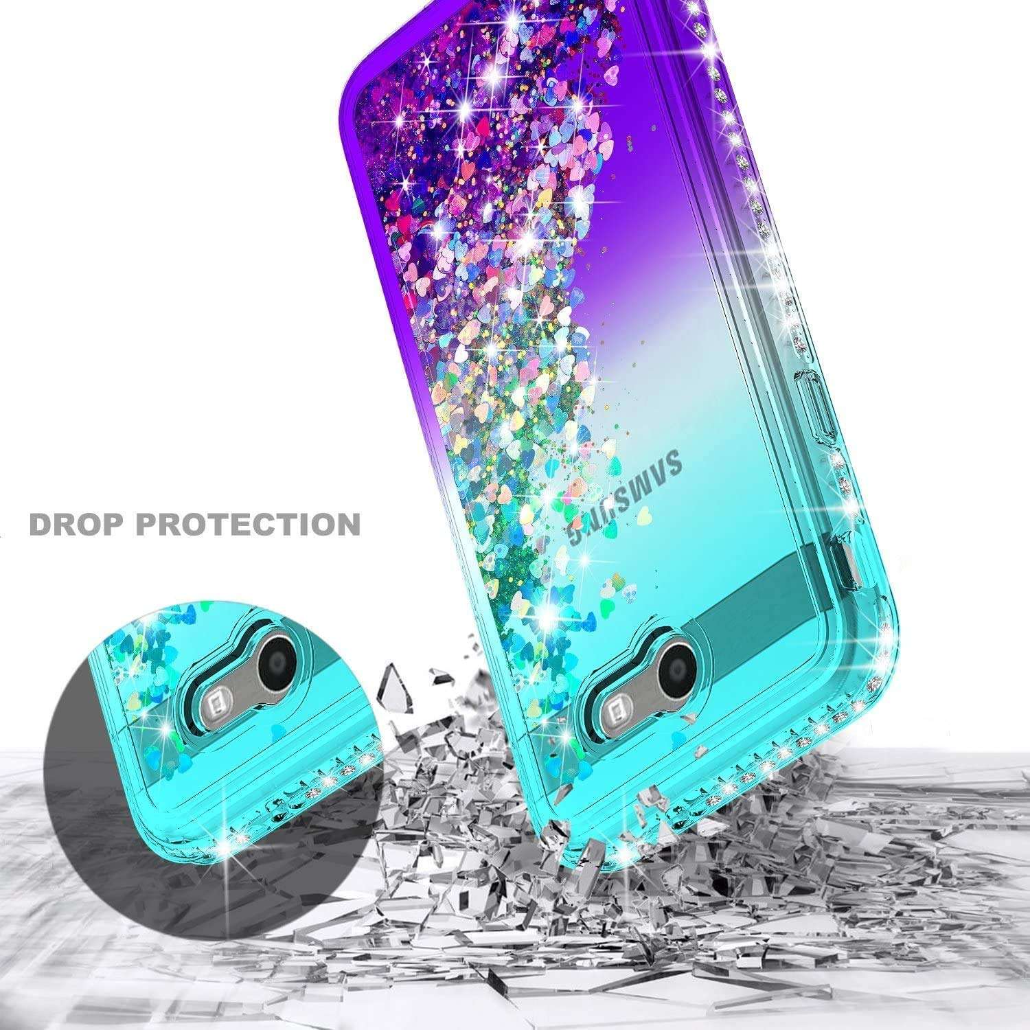 E-Began Case for Samsung Galaxy J3 Luna Pro, J3 Emerge/J3 2017/J3 Eclipse/Sol 2/J3 Mission with Screen Protector, Glitter Liquid Floating Quicksand Bling Diamond, Durable Girls Cute Case -Aqua/Purple 5