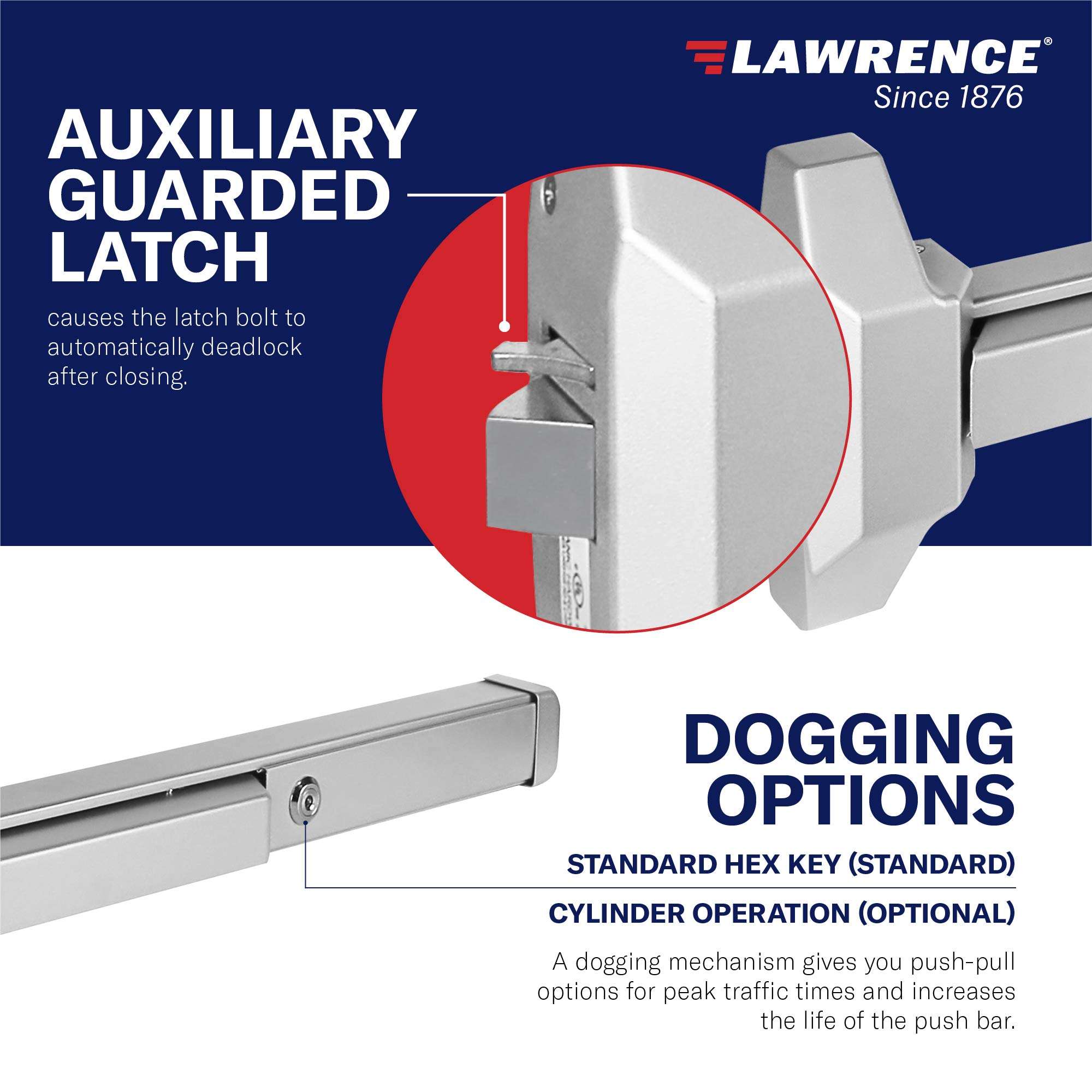 Lawrence Panic Push Bar Exit Device - Medium Duty Grade 2 Stainless Steel Auxiliary Guarded Commercial Door Lock Stopper - Shock Resistant Locking Mechanism for Security, Emergency, Fire 3