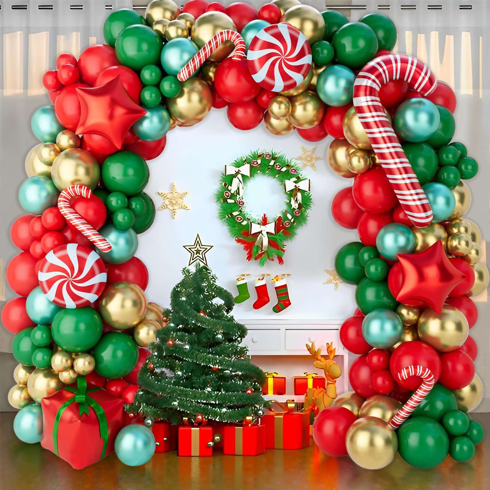 Christmas Balloons Garland Arch Kit, 150Pcs Christmas Garland with Red Green Gold Candy Cane Balloons Red Star Balloons, Christmas Arch for Christmas Party, Xmas Decorations Backdrop for Indoors 4
