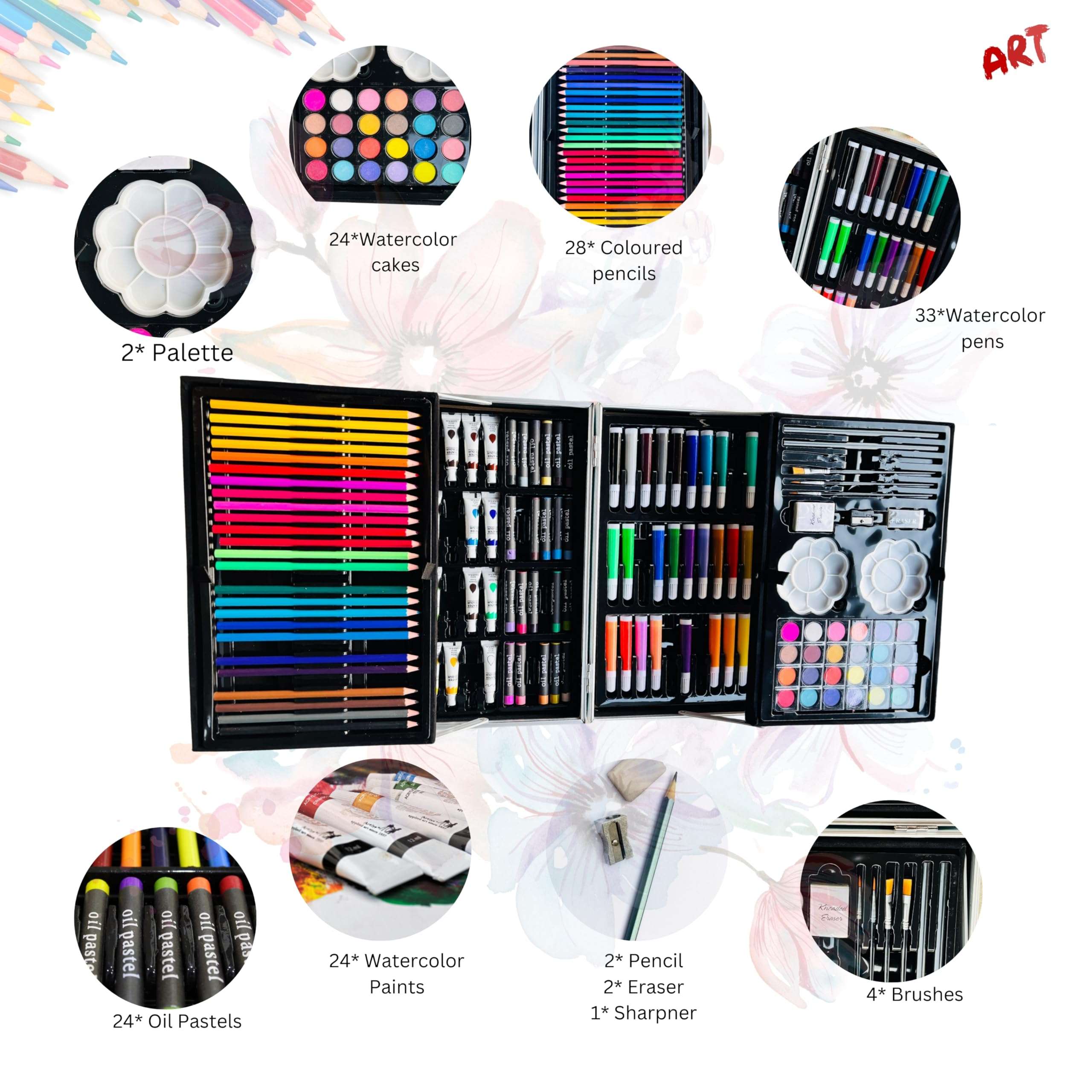 Kitchen Bloom Customized Color Kit Art Set for Kids, 145 Pieces Drawing Kit with Colour Pencils, Oil Pastels, Paint Brushes, Water Colours, Marker Pens, Color Set for Kids 6