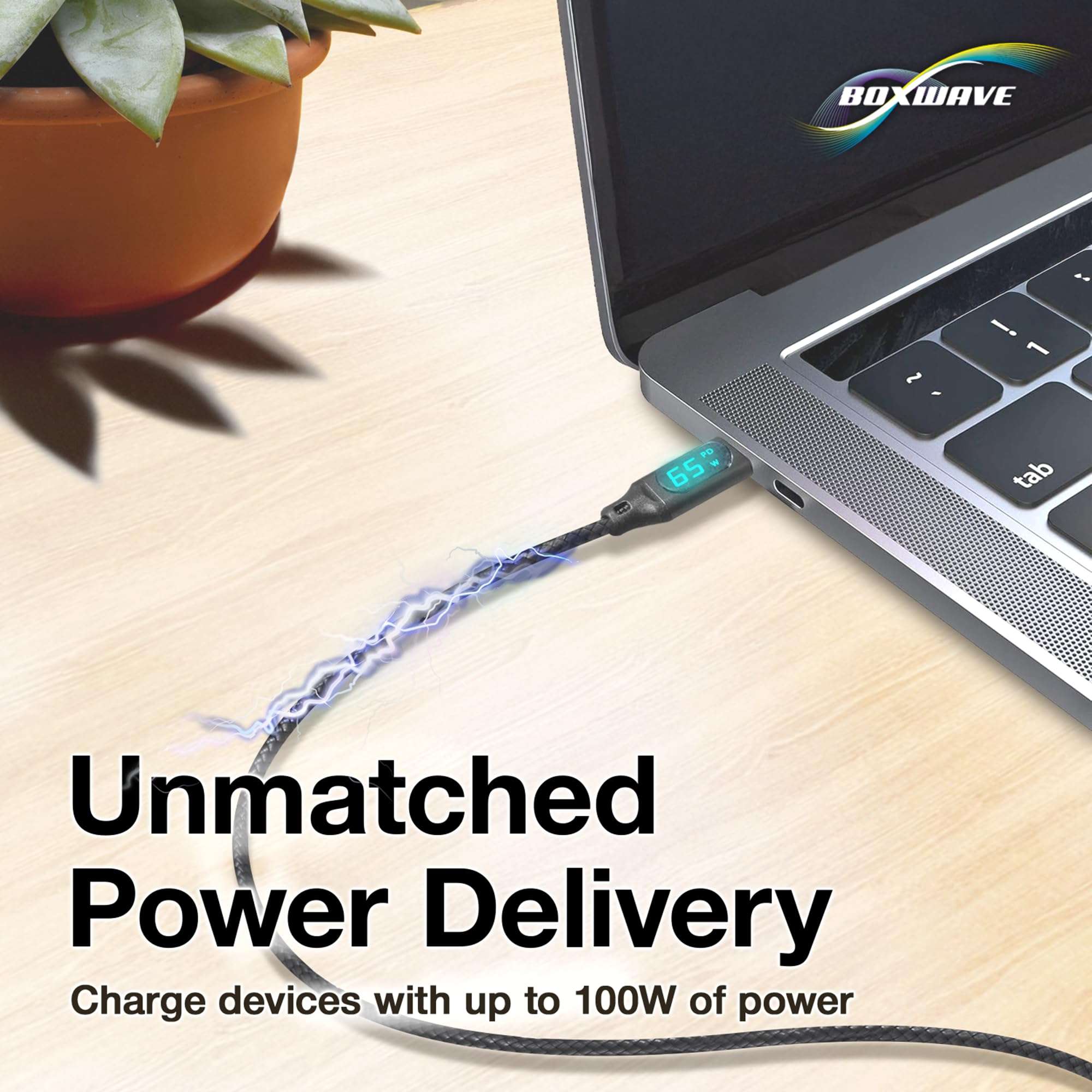 BoxWave Cable Compatible with Bowers & Wilkins Px8 - PowerDisplay PD Cable (6ft) - USB-C to USB-C (100W), LED Wattage Info Extra Long Braided Nylon - Jet Black 6
