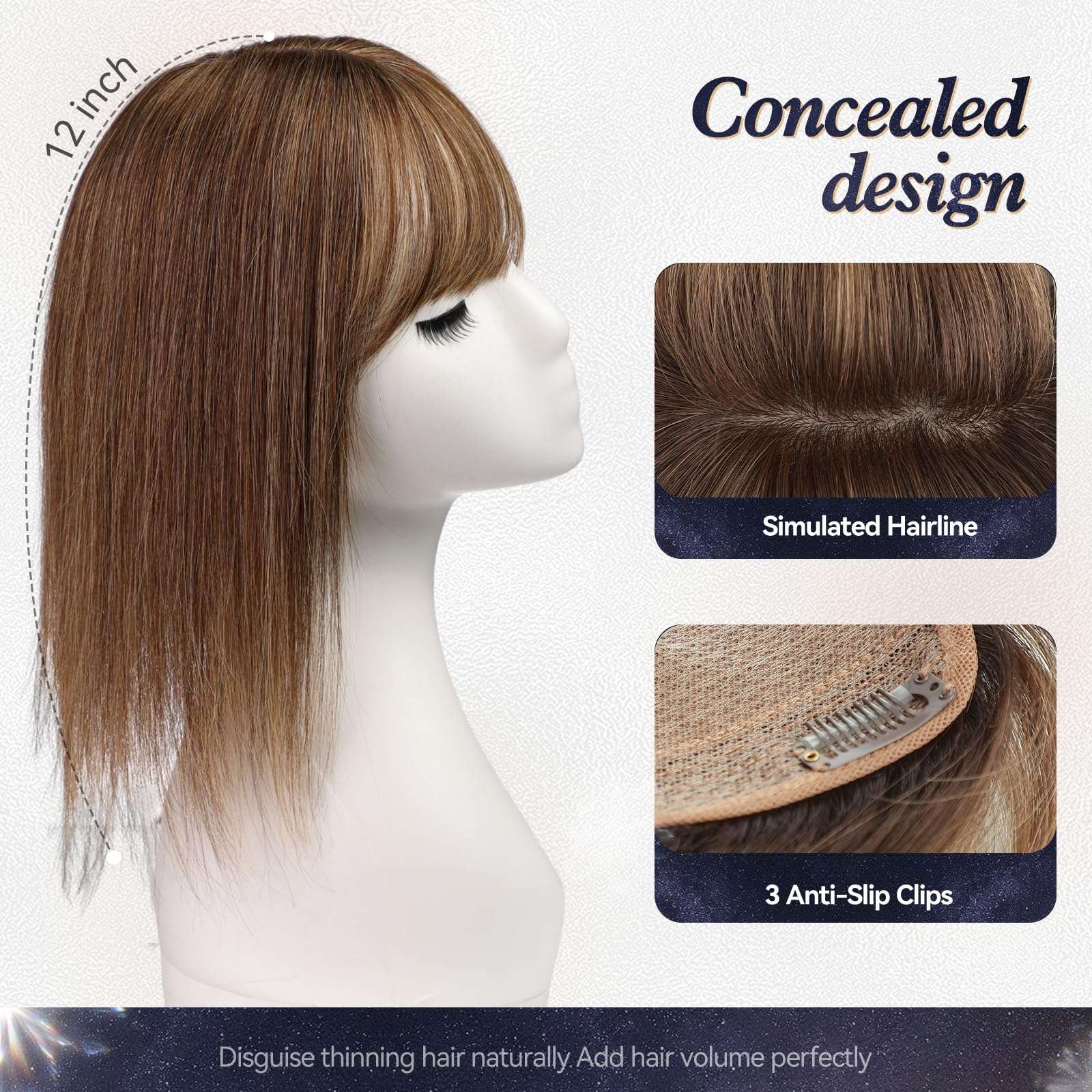 starluck Hair Toppers for Women Real Human Hair with Bangs 4.5"*5.5"Large Base 14 Inch 100% Real Human HairToppers for Women with ThinningHair(Light Brown) 4