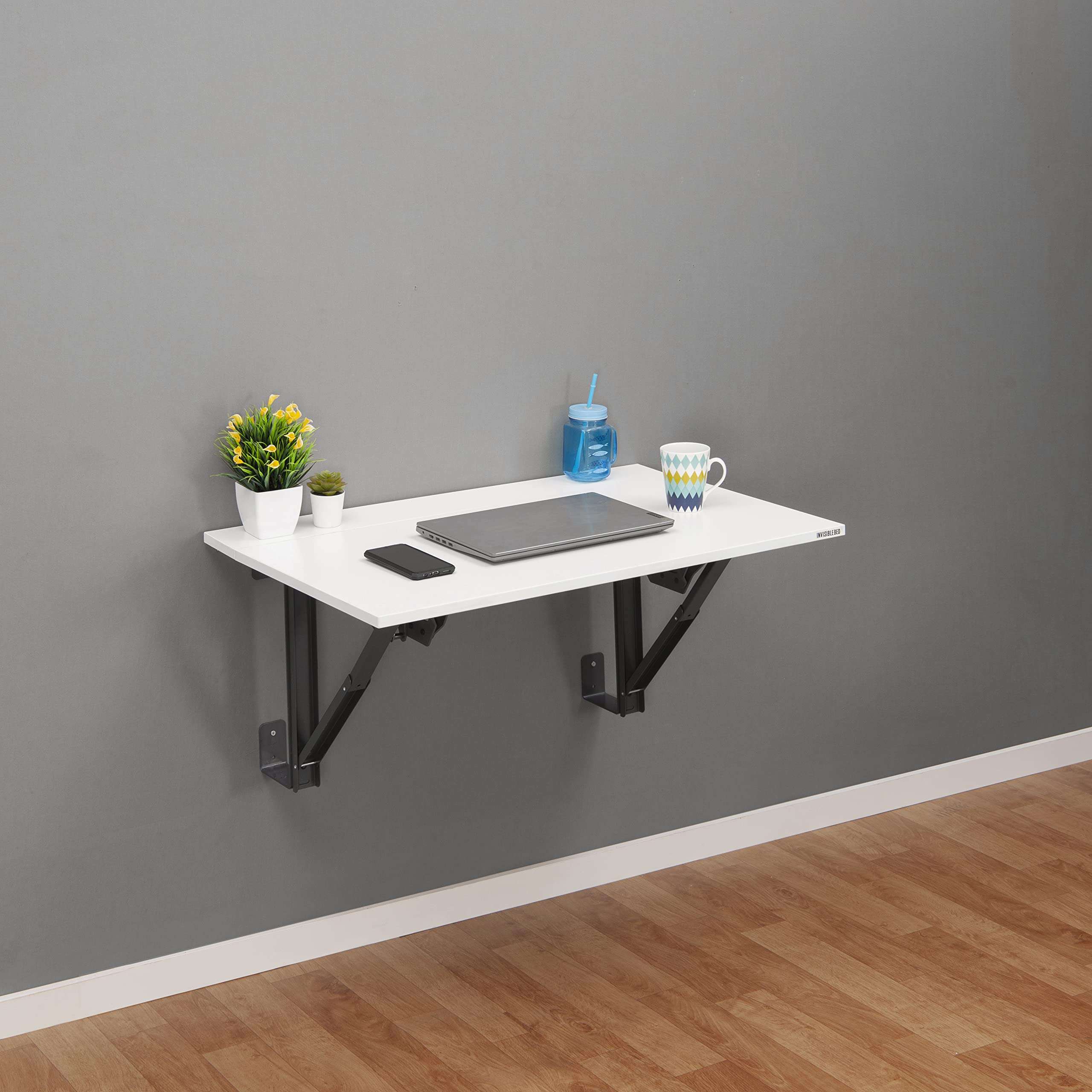 Invisible Bed Liftable and Foldable Wall Mounted Study Work Table for Sitting and Standing Working(Wool White, Engineered Wood) 2