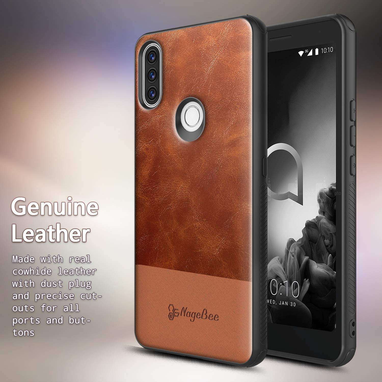 E-Began Case for Alcatel 3V (5032W) with Tempered Glass Screen Protector (Full Coverage), Premium Cowhide Leather Hybrid Defender Shockproof Rugged Durable Case -Brown 2