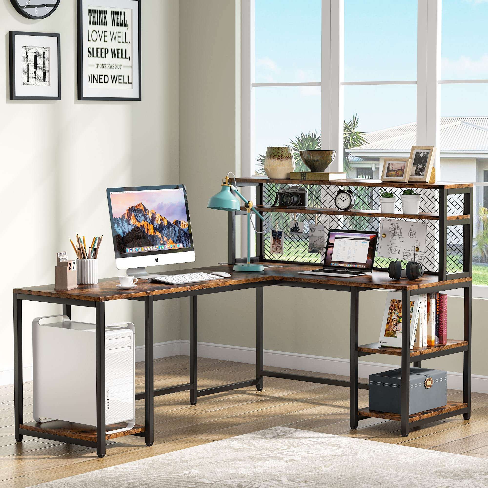 Tribesigns 67" L-Shaped Desk with Hutch, Industrial Computer Corner Desk with Storage Shelves, Large Study Writing Table Workstation for Home Office, Rustic Brown 2