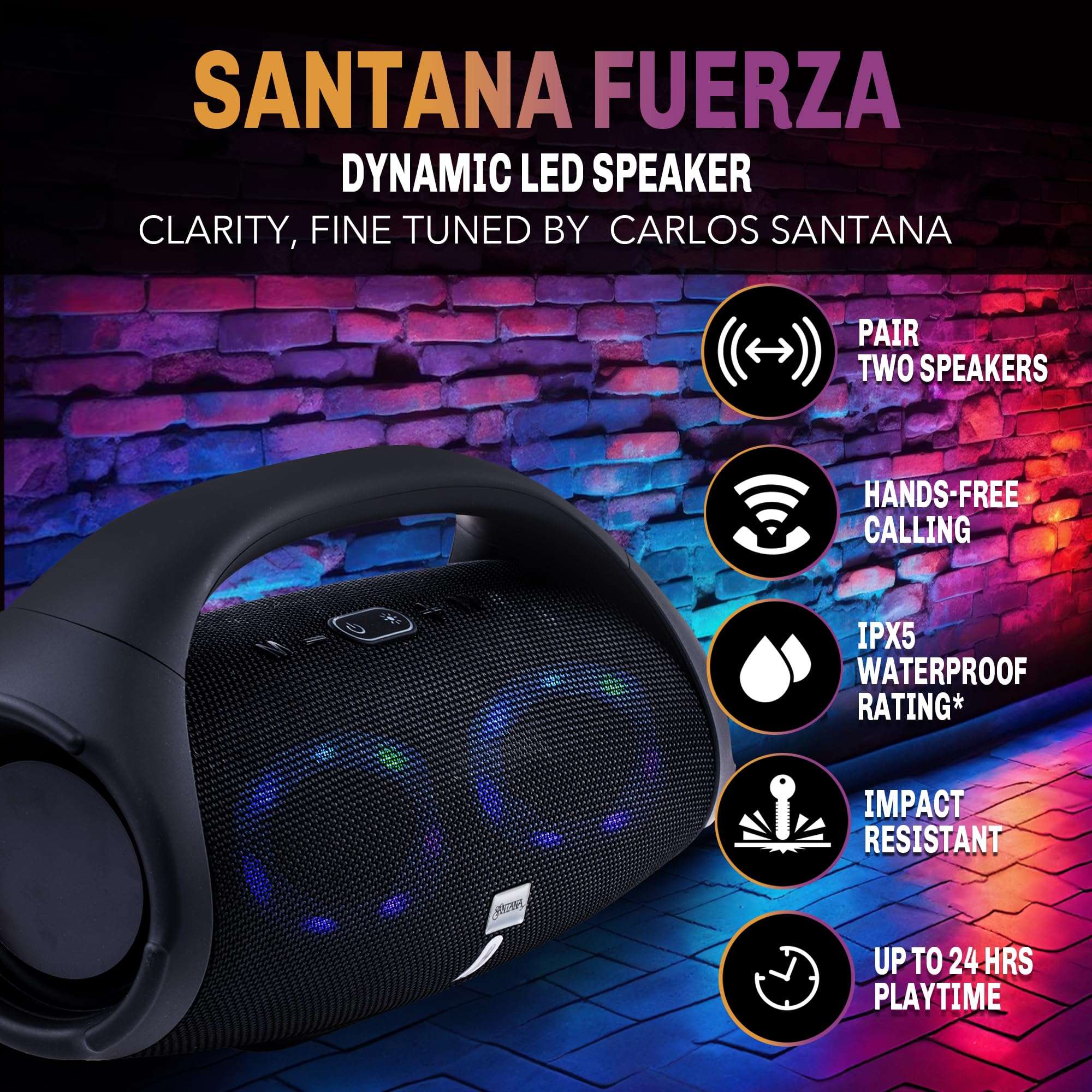 SANTANA BY CARLOS SANTANA Bluetooth Speaker- Dynamic LED Speaker with 24 Hours Playtime, IPX5 Waterproof, Impact Resistant, Integrated Controls, Pairable for Rock Solid Sound | Fuerza | Black 6