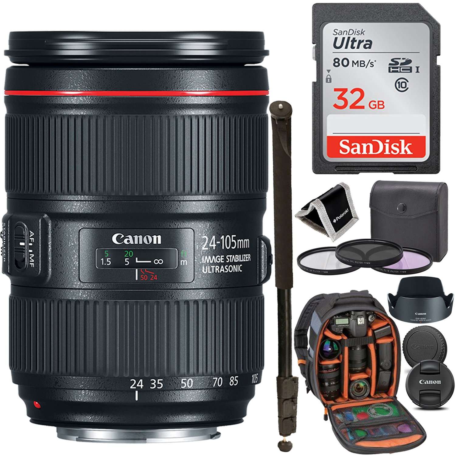 Canon ZOOM LENS EF 24-105mm F4L IS II USM - White Box, Sandisk Ultra SDHC 32GB Memory Card, Ritz Gear Photo Backpack, 77mm Filter Kit, 72" Monopod, Memory Card Wallet and Accessory Bundle 1