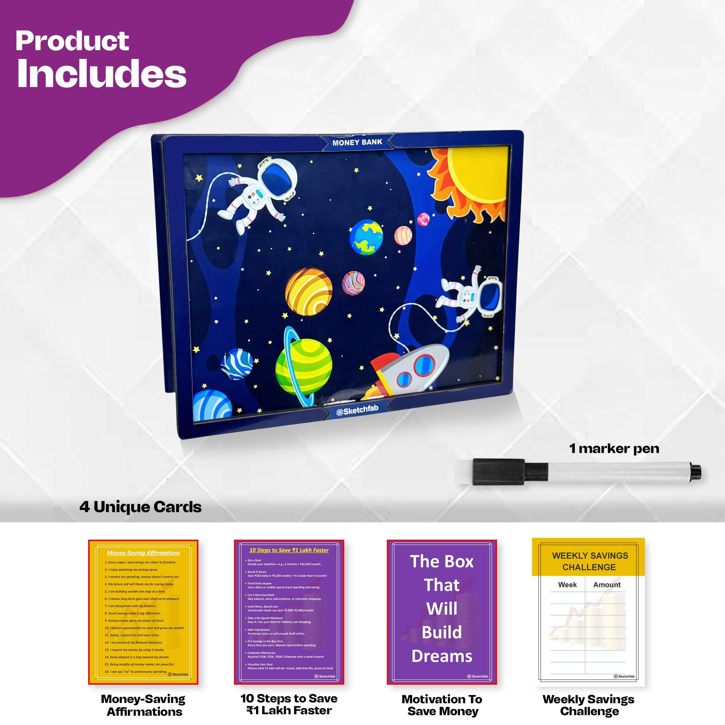 Sketchfab Money Saving Box for Adult 100000, Wooden with Savings Tracker Bank Kids, Smart Piggy Bank, Box, Coin Box,Gullak Saver,Piggy Rs100000 Home Deal Gift Man, Women (Space) 6