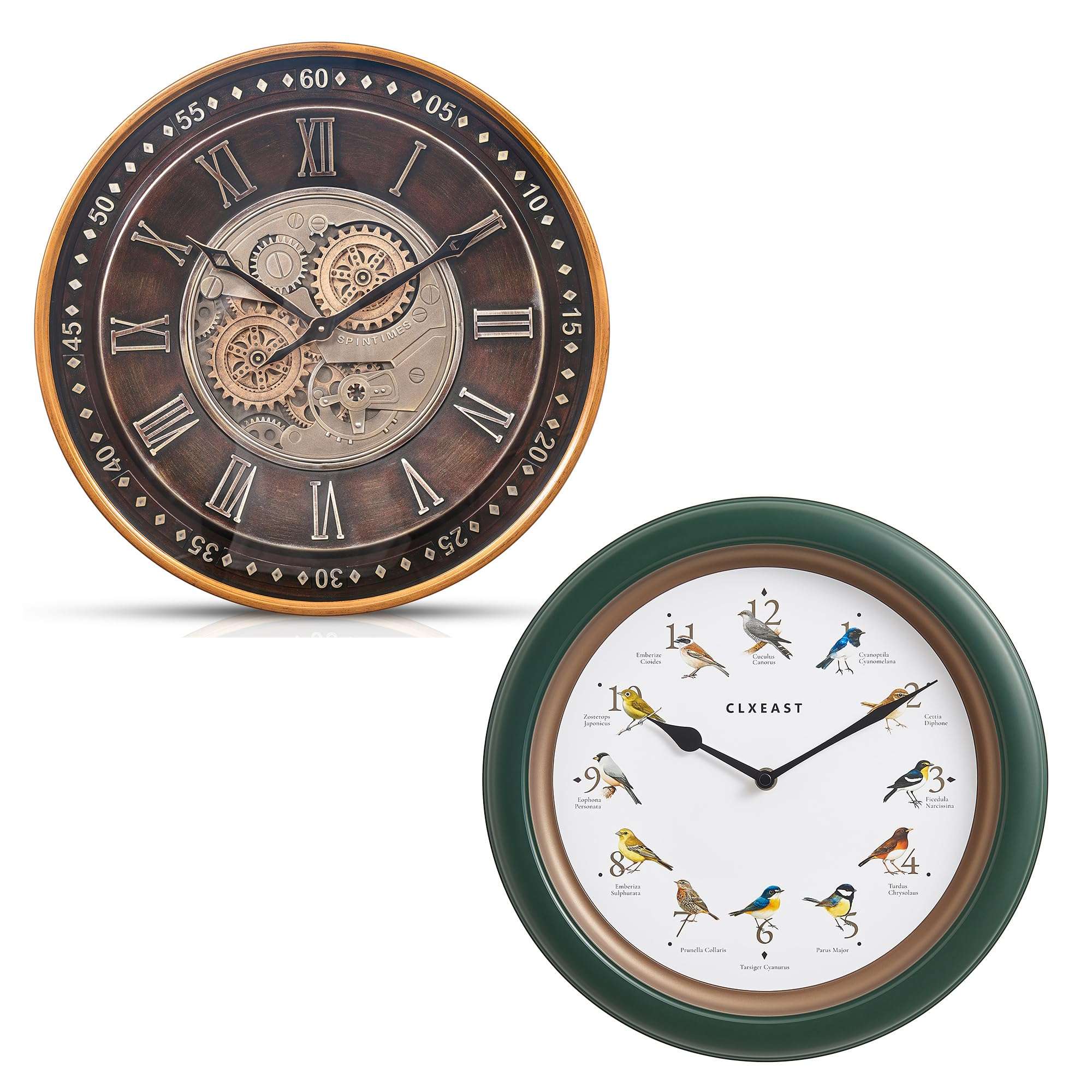 CLXEAST 24 Inch Wall Clock with Moving Gears &13.3 Inch Bird Clock That Sings on Hour,Singing Bird Clock with Nature Sounds from 6 am-9 pm and Silent Night Mode,Forest Green Finish