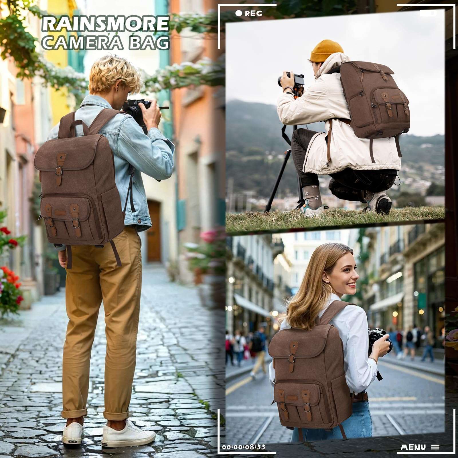 RAINSMORE Camera Bag Backpack for DSLR/SLR Mirrorless 15.6 Inch Laptop Camera Back Pack for Photographers Anti-Theft Photography Bags Case with Tripod Holder & Rain Cover, Coffee 5