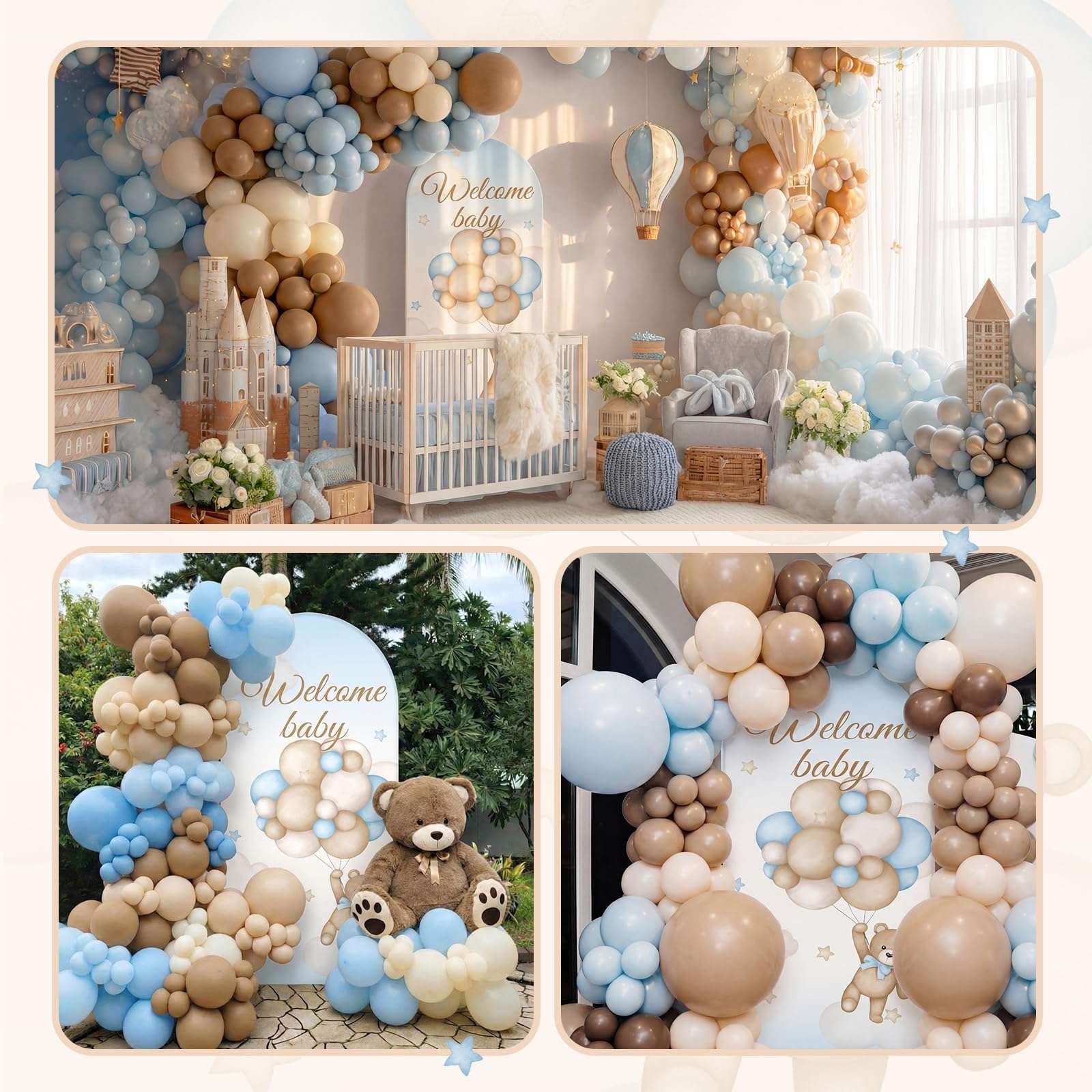Motionchic 148 Pcs Bear Baby Shower Decorations Balloon Metal Arch Backdrop Stand and Cover Set Decor Dusty Blue and Brown Balloon Arch Kits Bear Baby Shower Gender Reveal Birthday Party Decorations 3