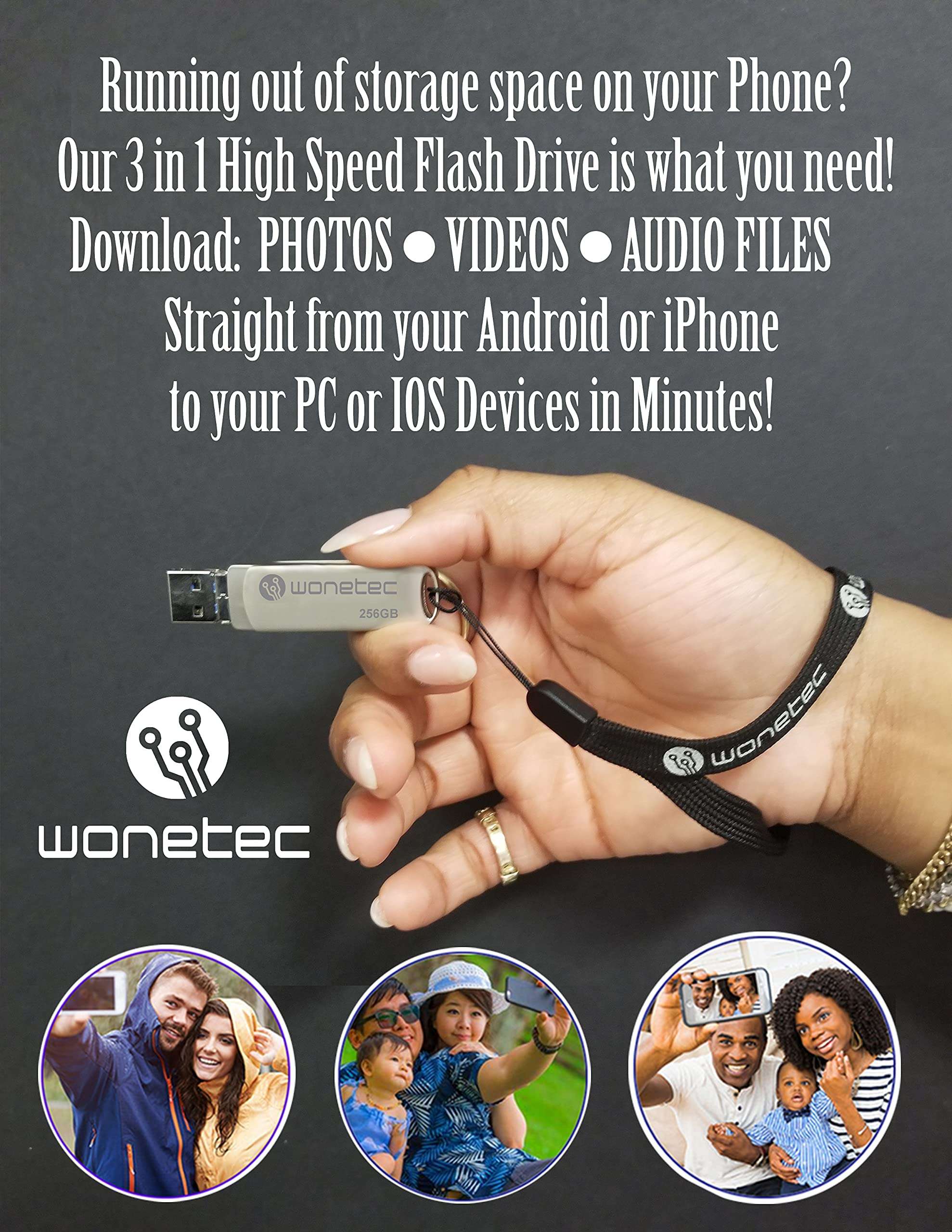 WONETEC 3 in 1 Flash Drive 3.0 for Android and iPhones, USB, Type-C and iOS Ports are Perfect for transferring Files Between /Androids/iPhones/Mac and Windows PC (256GB, Black) 3