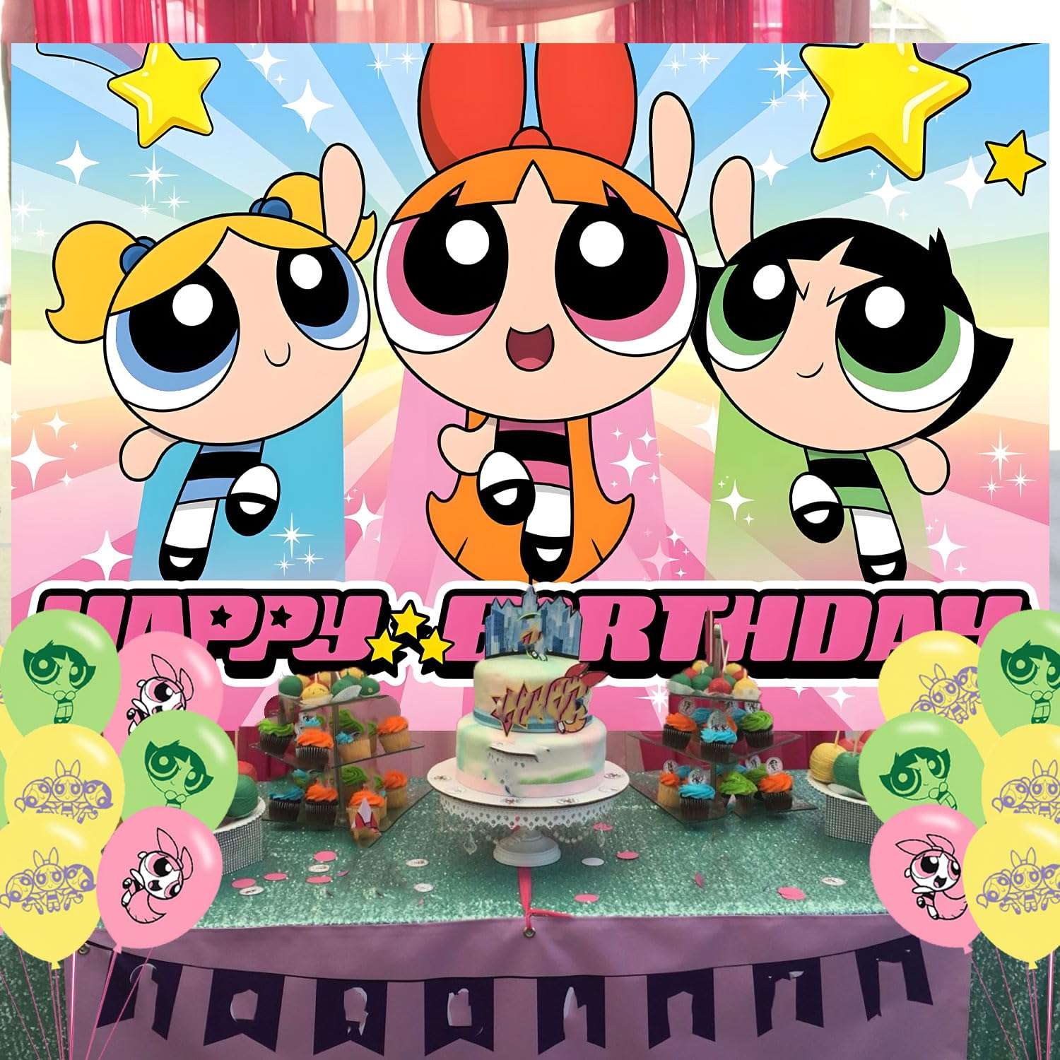 Power Girls Birthday Party Decoration,Power Girls Party Photo Background 5 x 3 FT and 18 Pcs Balloon,Merch Party Backdrop Supplies 5