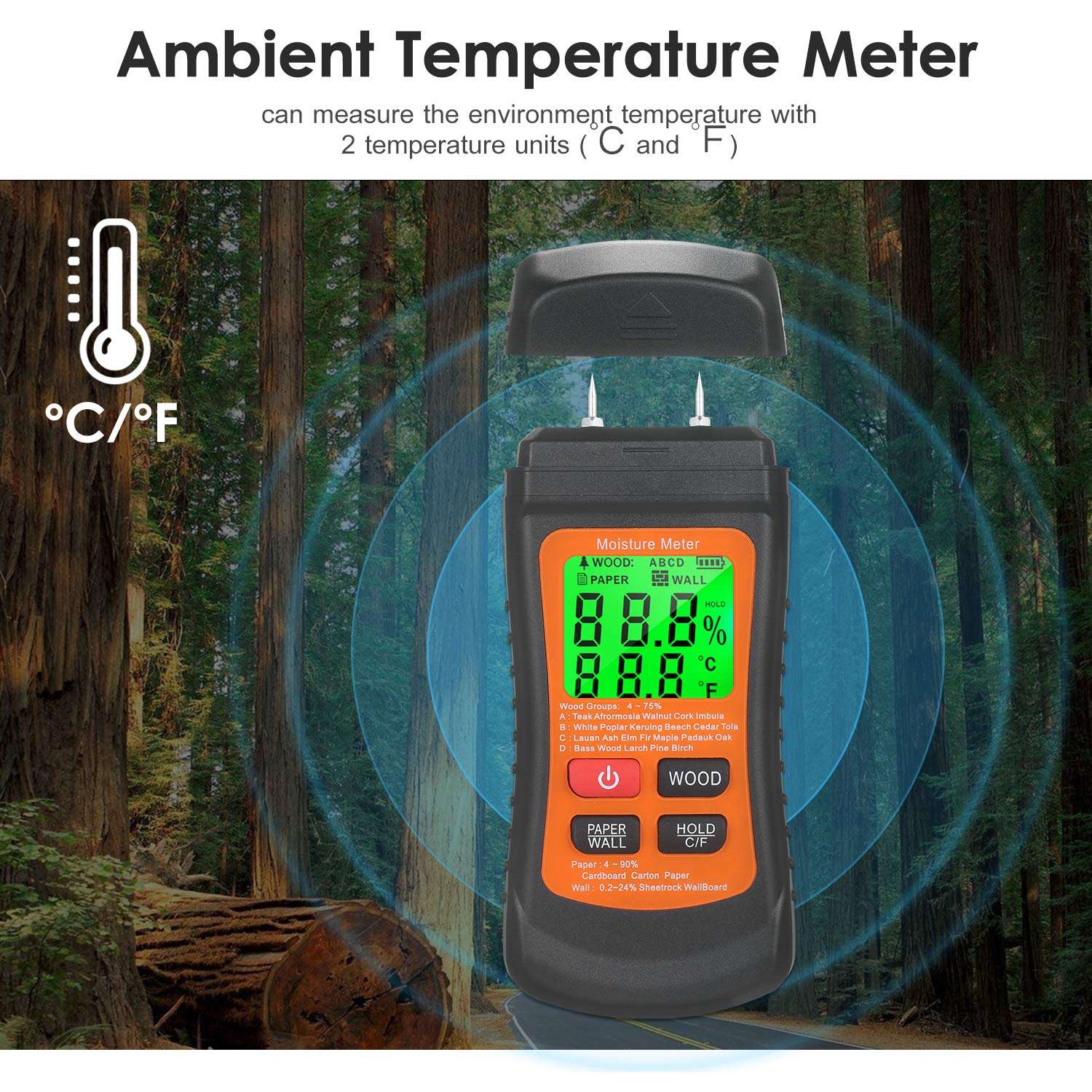 Moniel Wood Moisture Meter LCD Digital Damp Moisture Tester with Green Backlight Pin Type Water Leak & Moisture Detector with Wood & Paper & Wall 3 Modes Data Hold ℃/℉ Temperature Meter for Wood Wall 5