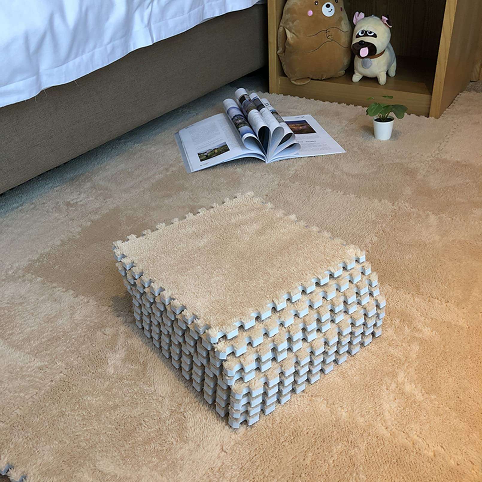 Smabee Interlocking Carpet Shaggy Soft EVA Foam Mats Fluffy Area Rugs Protective Floor Tiles Exercise Play Mat for Children Kids Room Home Parlor Bedroom (12 pcs, Khaki) 1