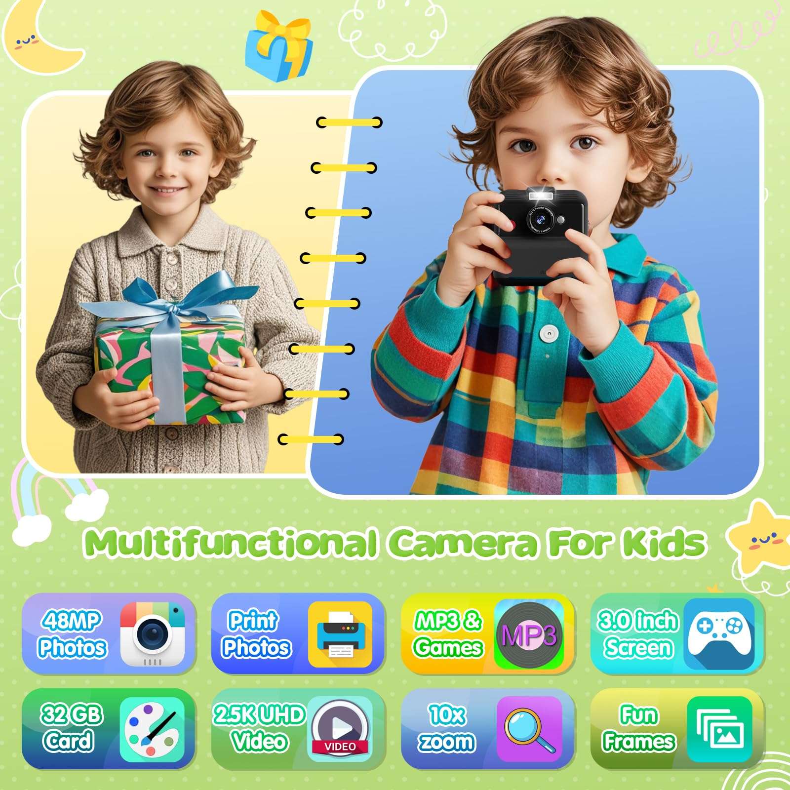 Kids Camera Instant Print, 48MP/2.5K UHD Kids Instant Print Camera, Christmas Birthday Gifts for Girls and Boys, 3.0" Screen with Print Paper & 32G Card, Toddler Toy for Age 3-14 (Black) 3