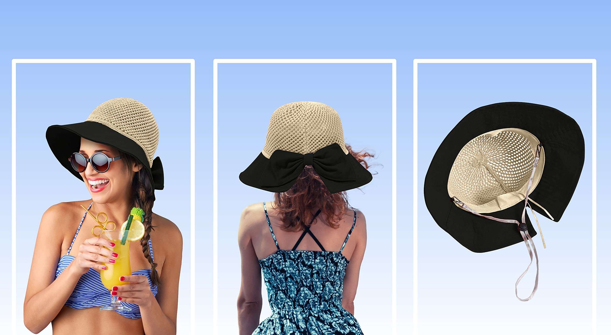 Straw Sun Summer Hat for Women, Female Wide Brim UPF 50+ UV Protection Bowknot Cap, Stylish Braid Visor, Ladies Foldable Roll Up Packable Floppy Beach Hat with Windproof Chin Strap, Black/Beige 3