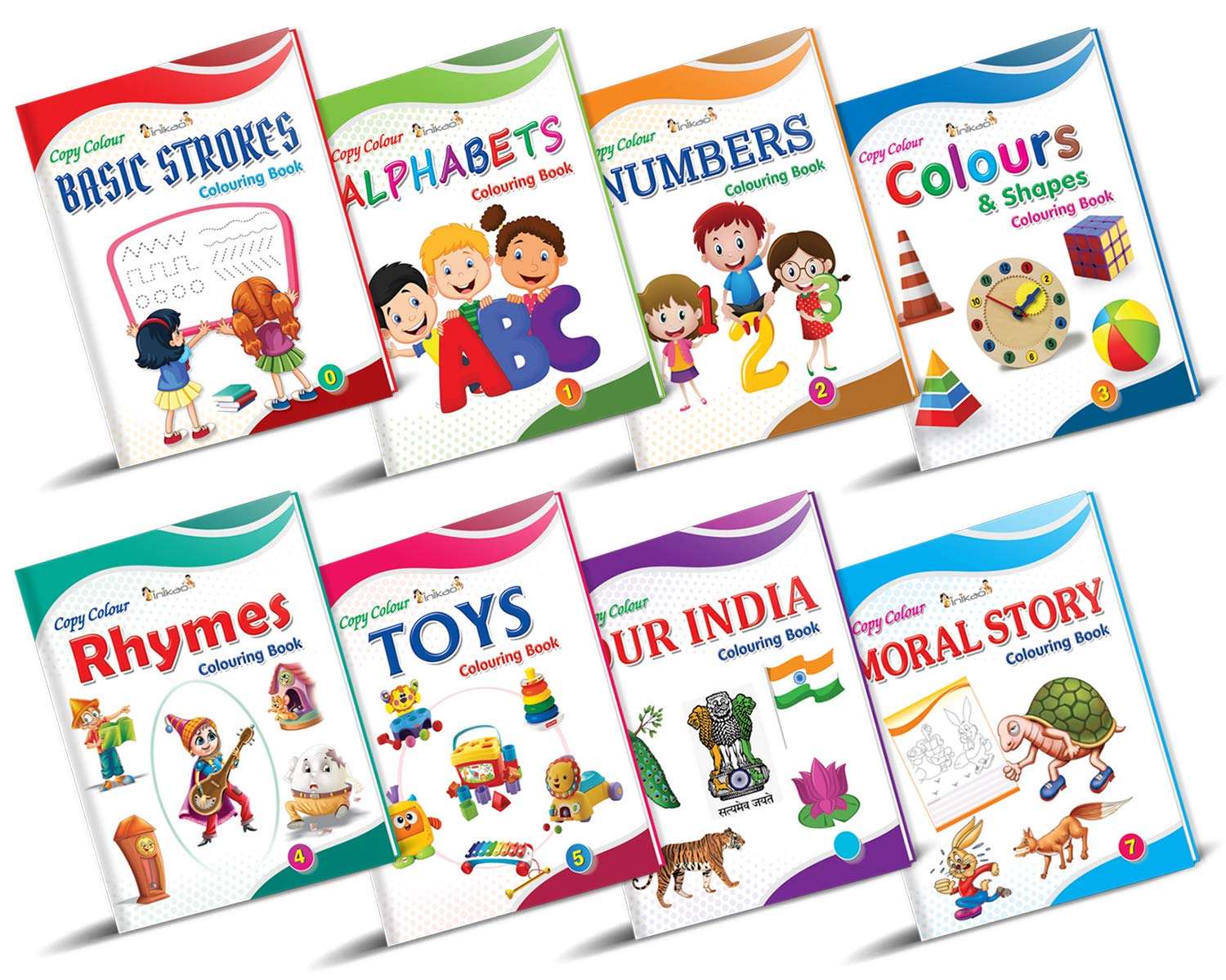 Colouring Books Collections for Early Learning by InIkao(english) : Pack of 8 Copy Coloring Books on alphabets, numbers, colors, shapes, toys and rhymes 1