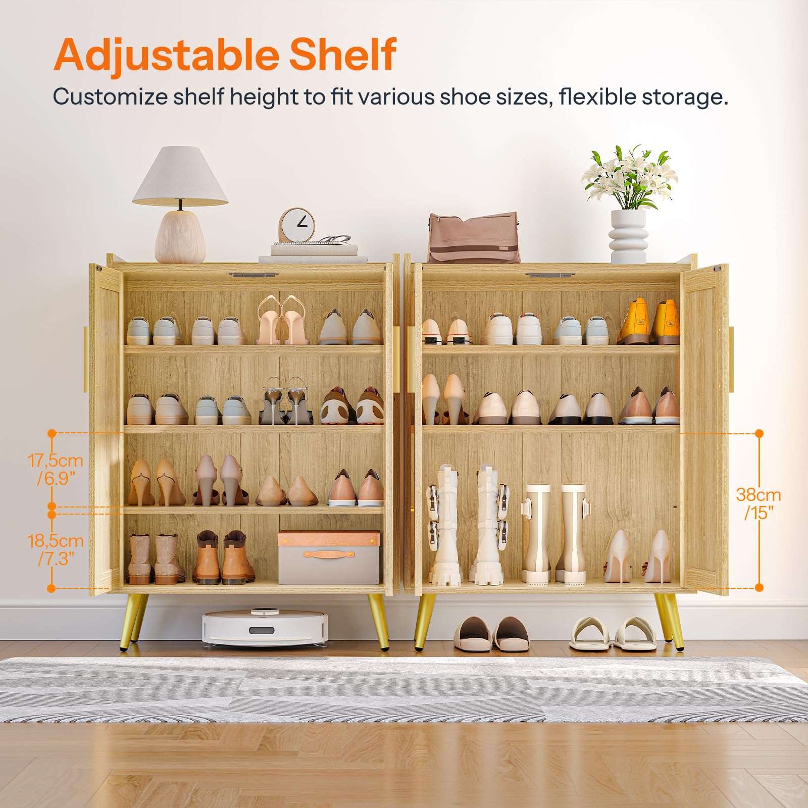 HOOBRO Shoe Cabinet, 5-Tier Shoe Storage Cabinet, Rattan Shoe Cabinet with Doors, 37.8" Tall Shoes Rack Organizer Cabinet for Entryway Hallway Front Door, Adjustable Shelf, Natural NL18SC01 5