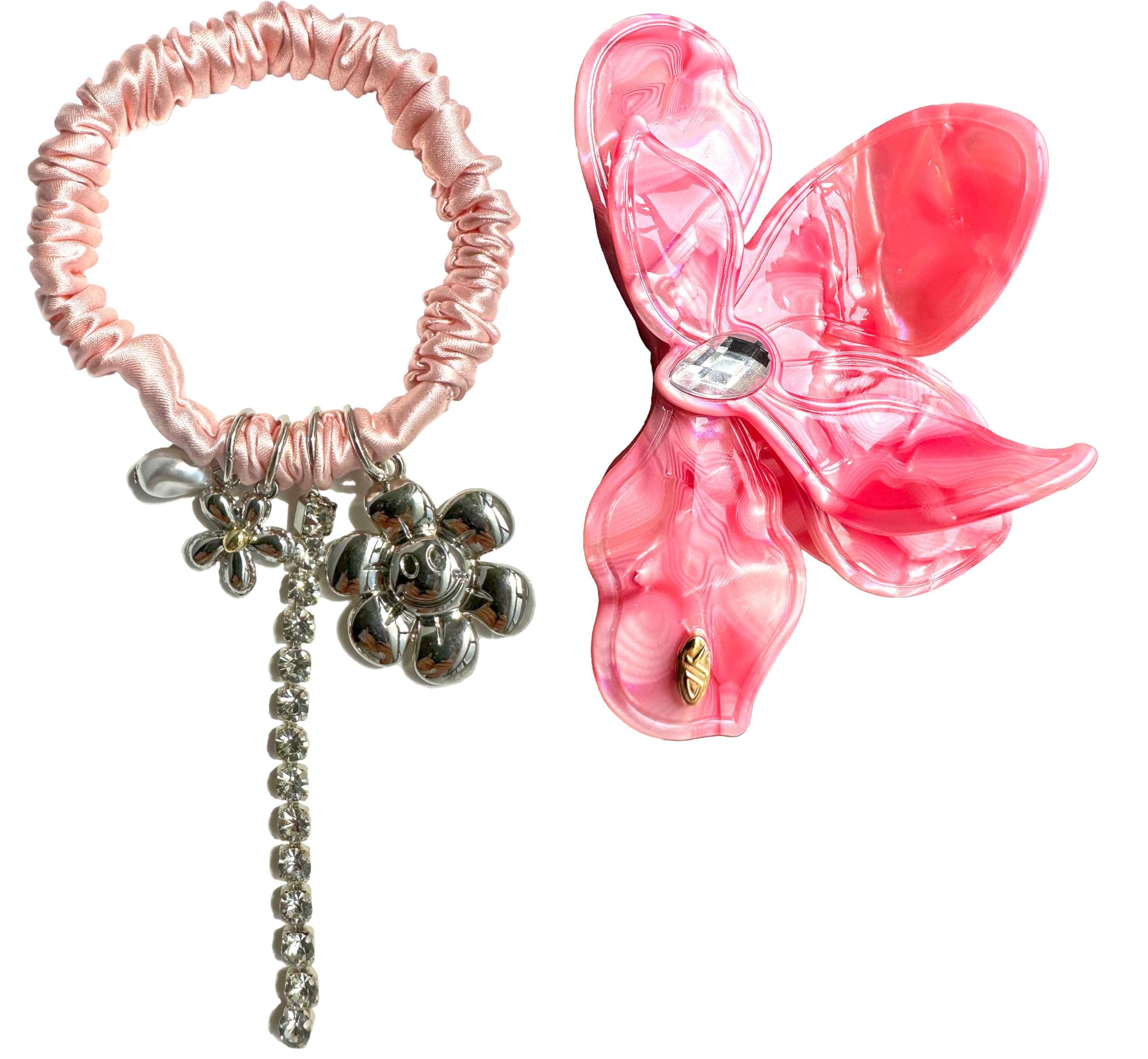 Flower Hair Claw Clip and 100% Mulberry Mini Silk Skinny Scrunchies Set Acetate Hair Clips Ideal For Women and Girls (Pink) 1