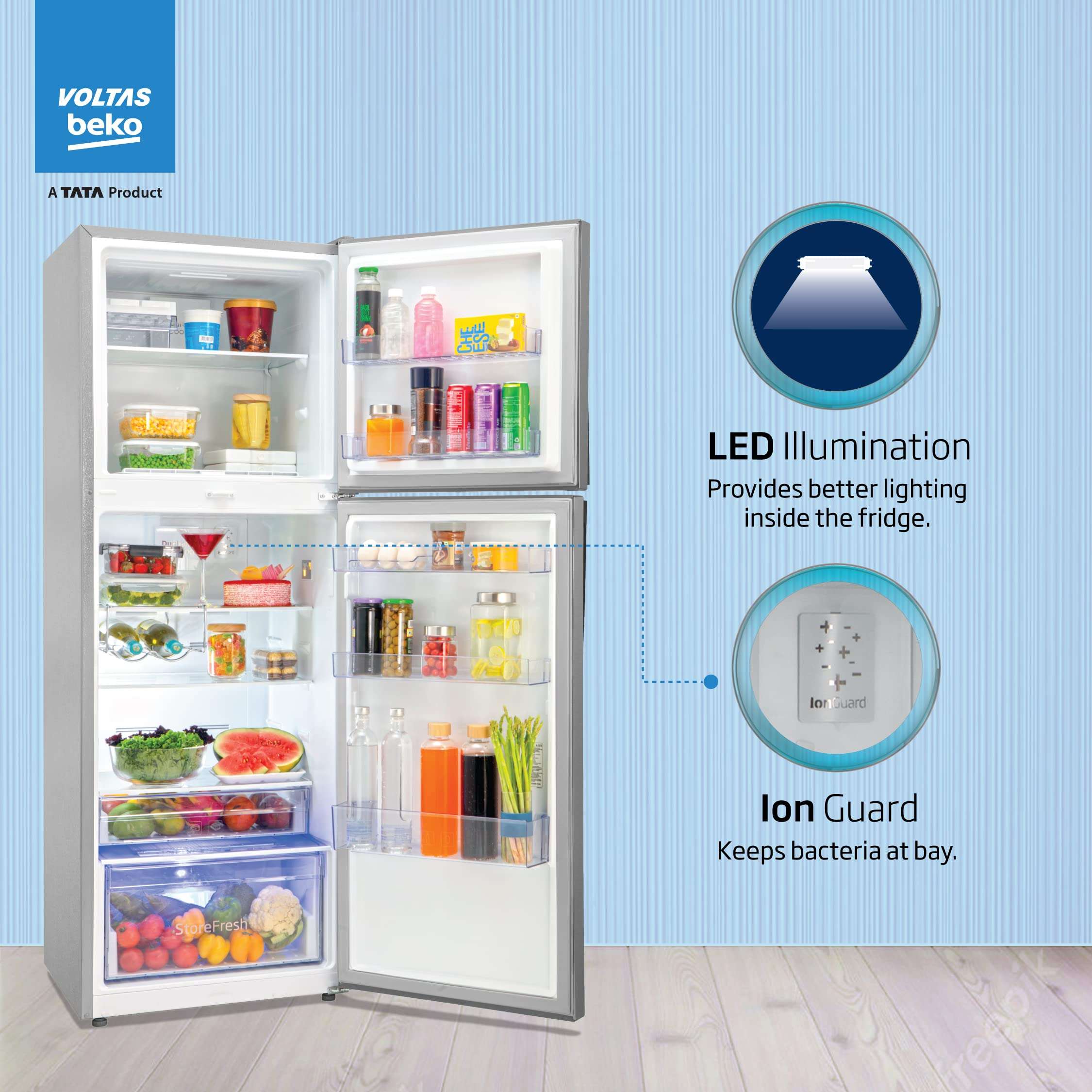 Voltas Beko 250 L 2 Star Inverter Frost-Free Double Door Refrigerator, Store Fresh+, Neo FrostTM Dual Cooling (RFF273IF, Silver, 2022 Model) 6