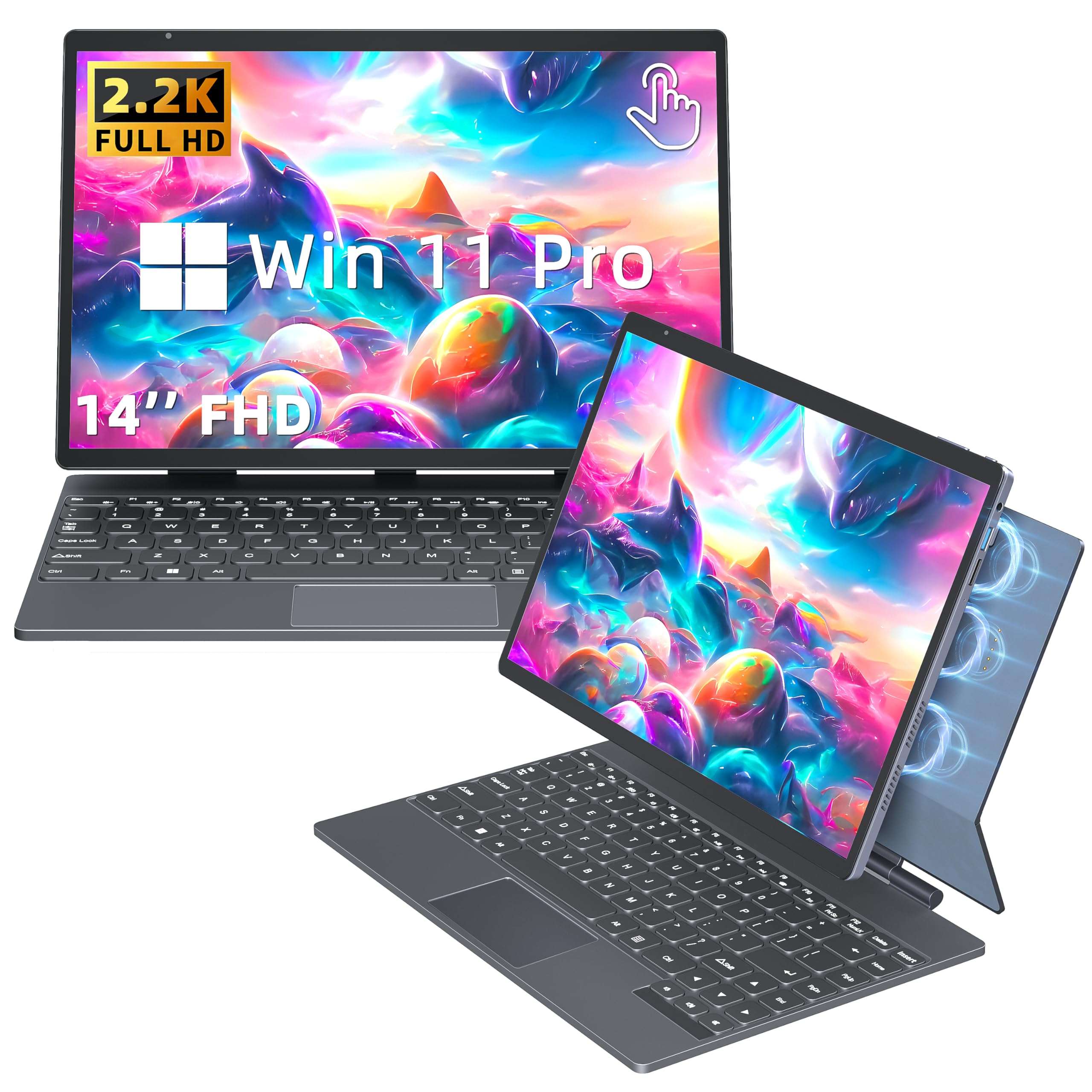 Rumtuk 2-in-1 Laptop Convertible Tablet with Win 11/Office 2019, 14'' 2.2K Touchscreen, Magnetic Suspension Keyboard, 12th Alder Lake-N95, 16GB RAM, 1TB SSD, Webcam, Cooling Fan, Type-C (16G+1T)