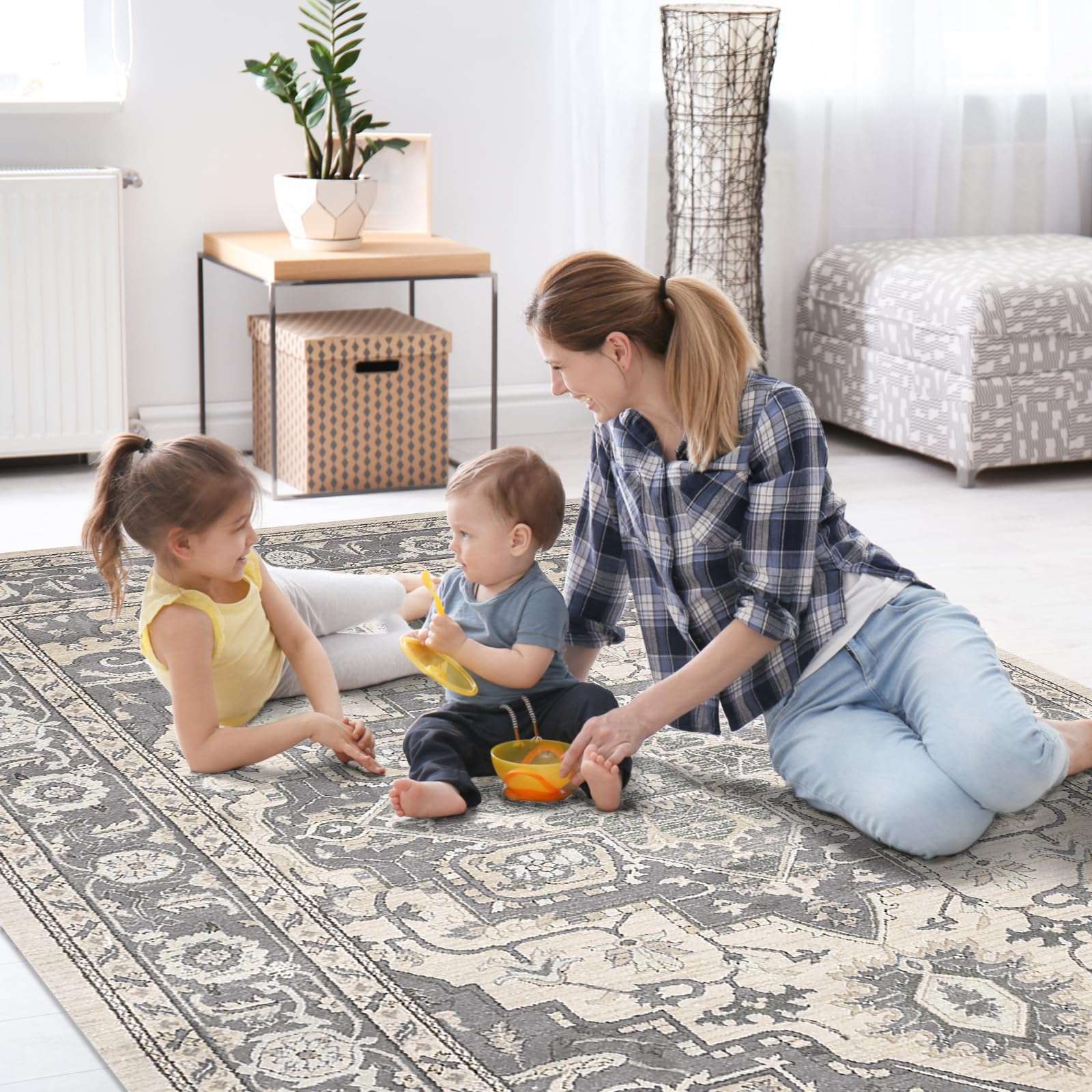 Machine Washable Rug 5' x 7' Modern Abstract Area Rug with Non-Slip Backing Washable Area Rugs for Living Room Non-Shedding Indoor Floor Grey Rug 5