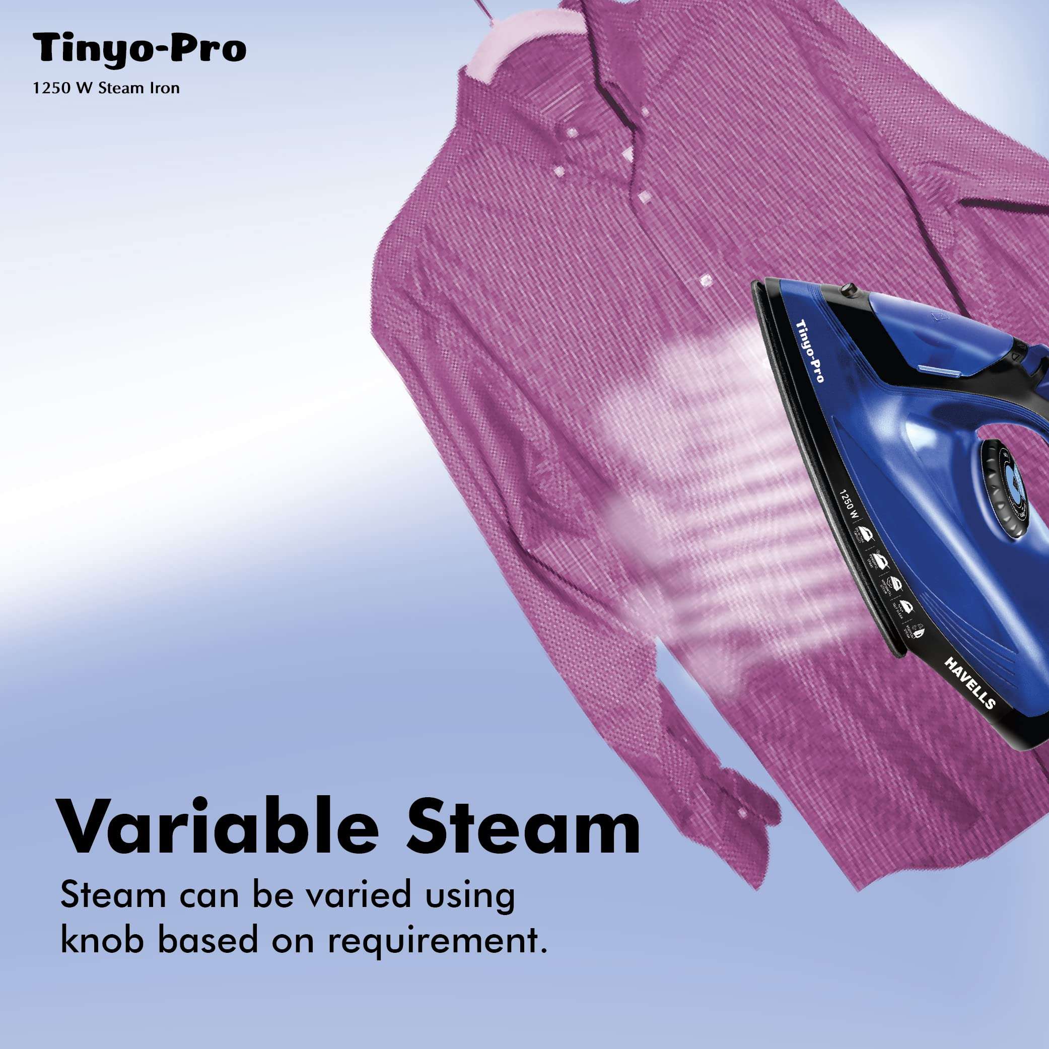 Havells Tinyo Pro 1250 Watt Steam Iron Press with Powerfull Steam Spray | Horizontal & Vertical Steaming Function | Self Clean | 2 Years Warranty (Blue) 5