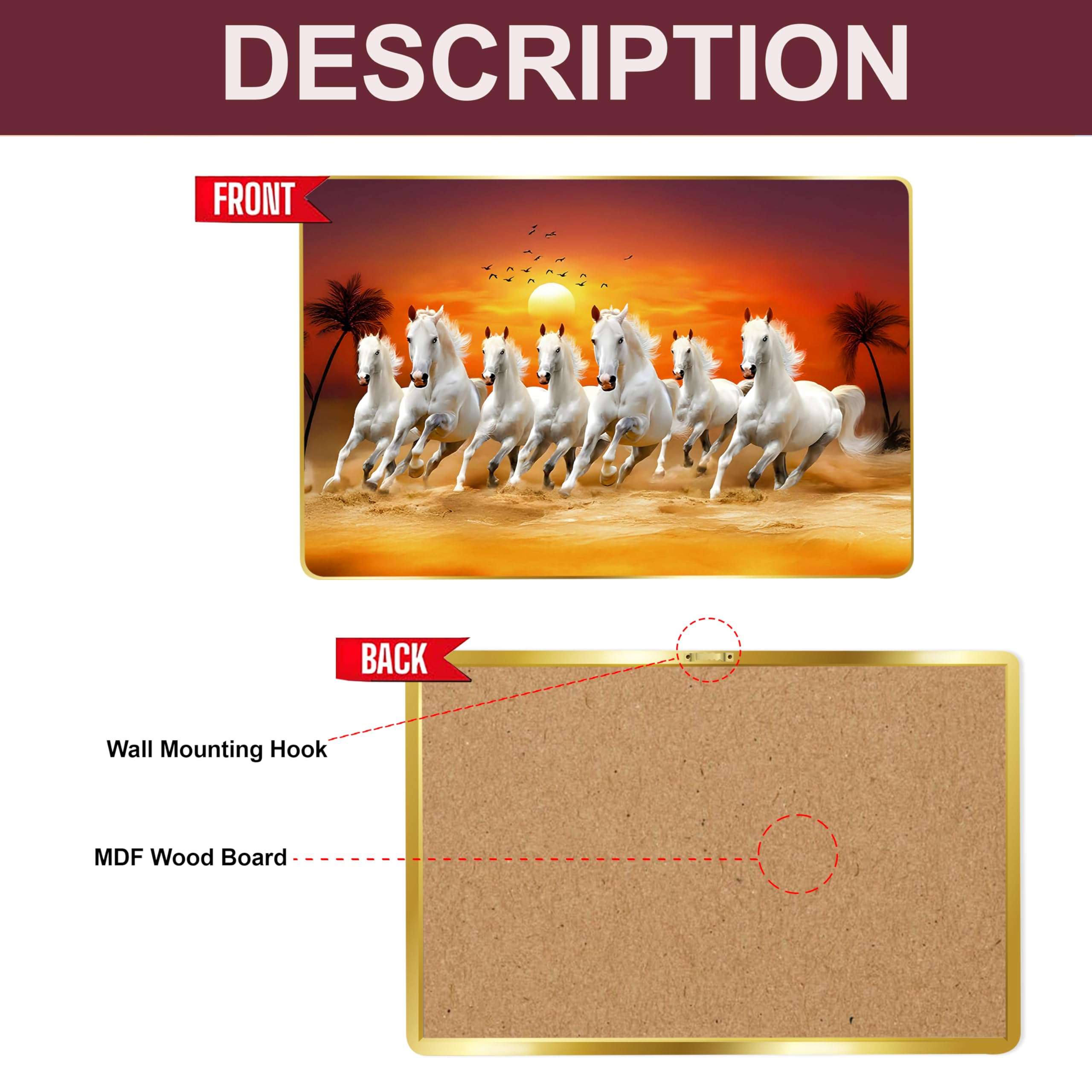 Rousrie 7 Horses Realistic Painting With Frame For Wall Vastu | Seven Running Horse Painting For Wall Decor Living Room Decoration | Big Size Photo Frame 47 by 32 cm (18.5 X12.5 Inch) 6