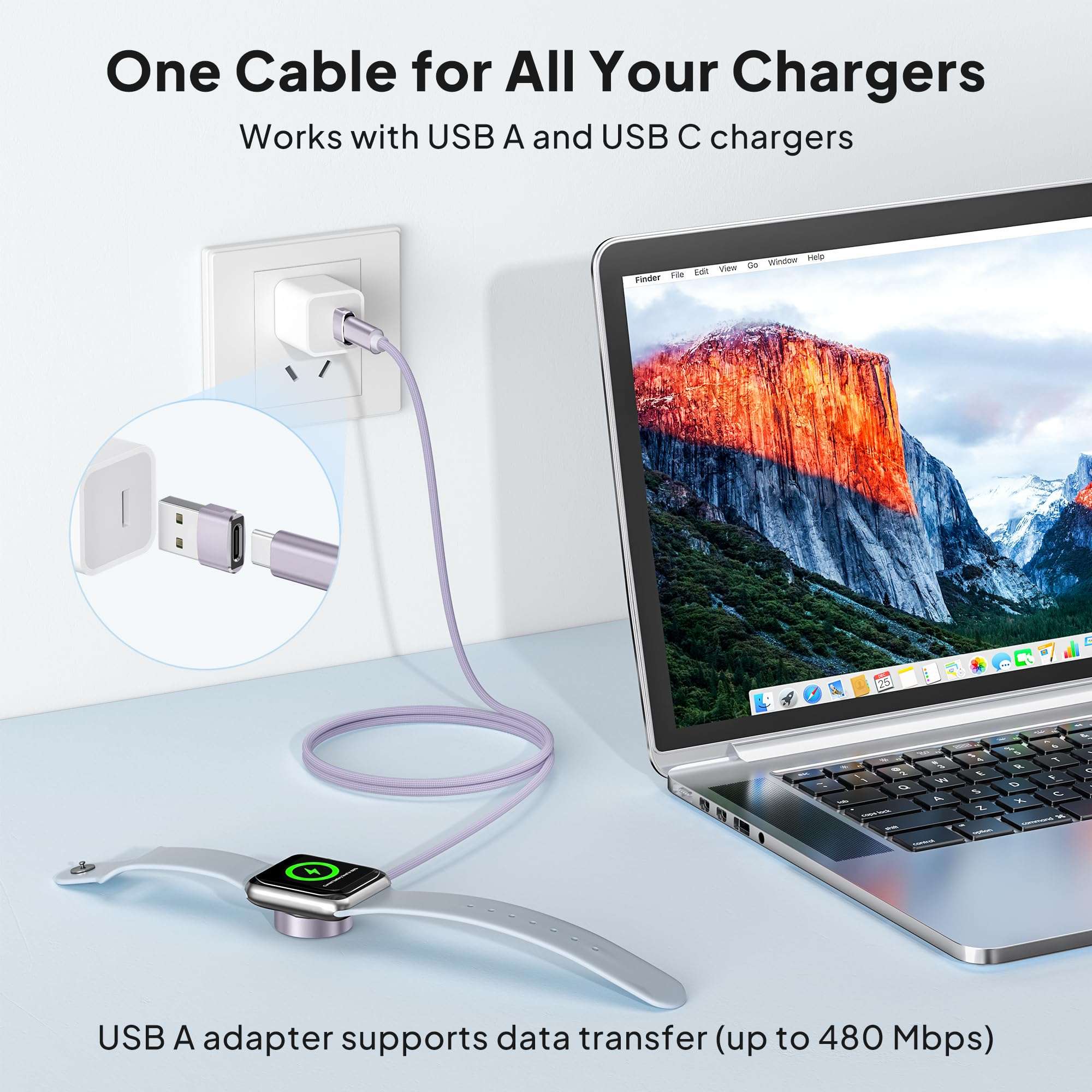 Elebase Magnetic Charger Cable for Apple Watch Ultra 3,5W Fast Charging USB C Cord 4FT with USB A Adapter 2 in 1,Portable Type C Wireless Smart Watch Power Dock for iWatch Series 11 10 9 8 7 6 5 4,SE 5