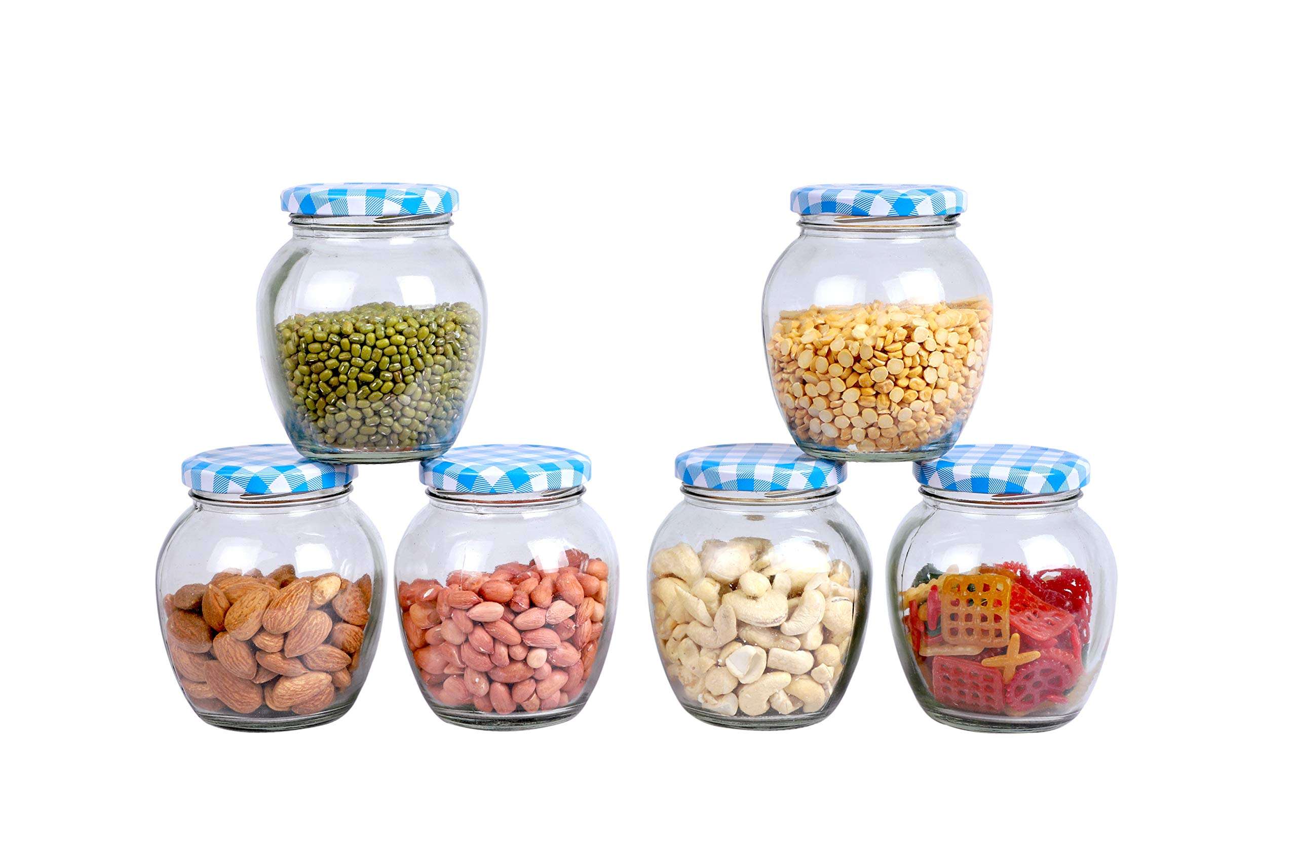 Glass Jars and Containers of Various Jars Shape with Air Tight Lid(Blue Checks lid) (350 ml) (4) 4