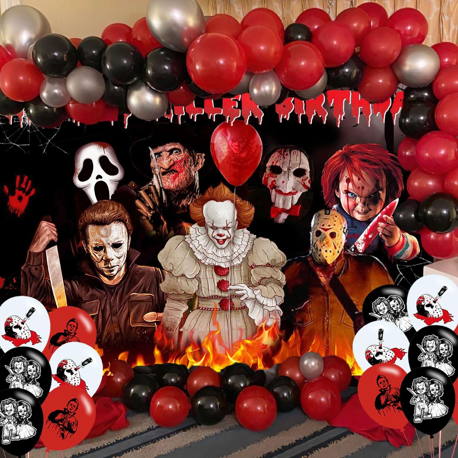 Have a Killer Birthday Party Decoration,Horror Movie Party Photo Background 5 x 3 FT and 18 Pcs Balloon,Halloween Merch Party Backdrop Supplies 6