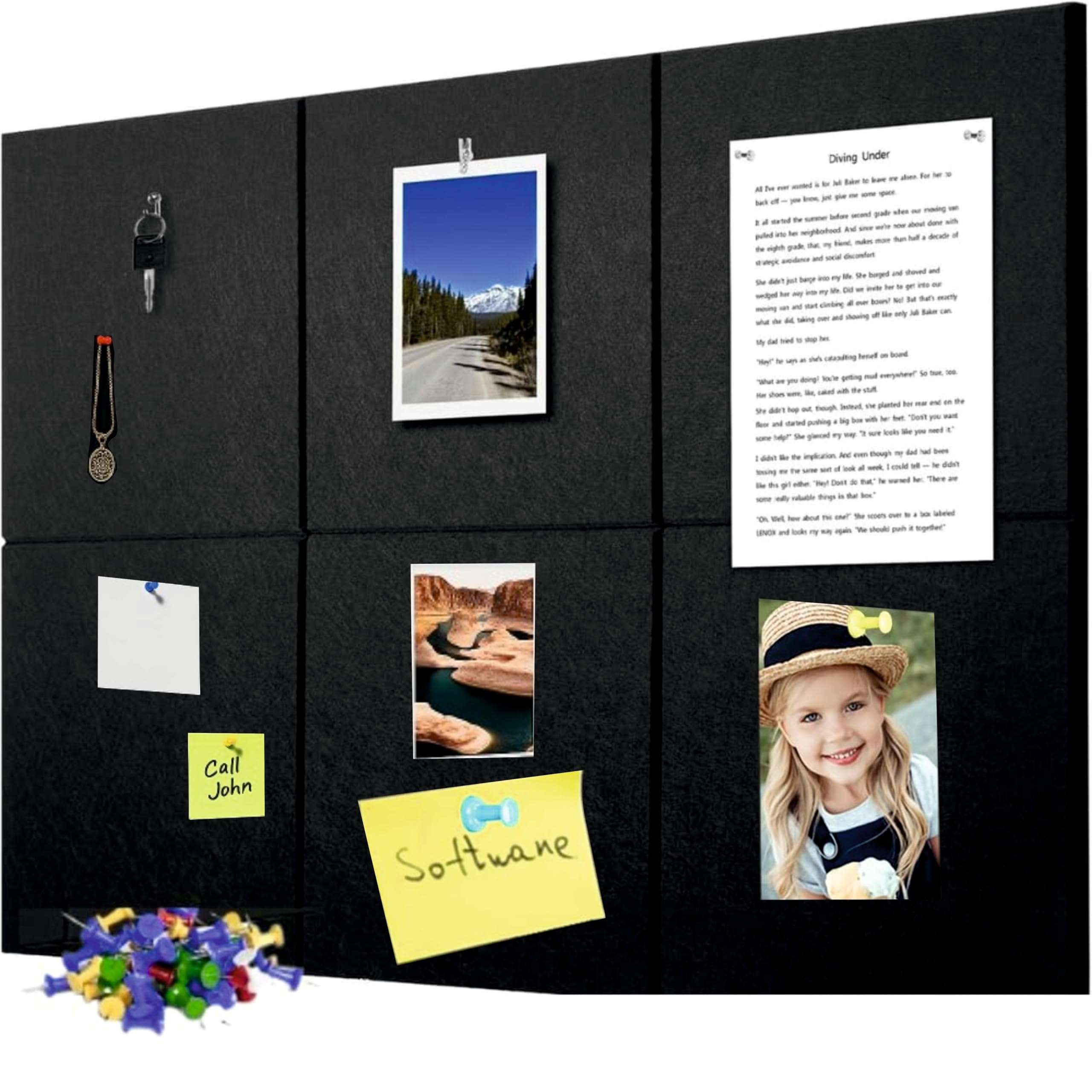 BOGOTA 6Pcs Black Felt Bulletin Board Self-Adhesive Wall Boards with 50pcs Drawing Pins Notice Board for Home Vision Board for Manifestation Pin Board for Study Room Bulletin Board Office Accessories 1
