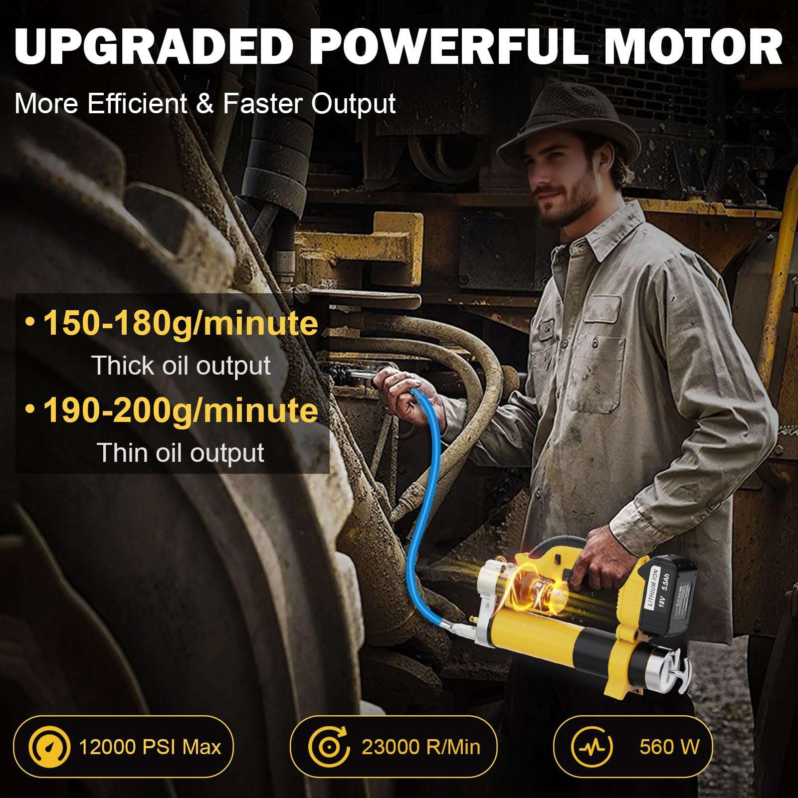 Electric Grease Gun Battery Powered, Automatic Cordless Grease Gun Kit with LED Light, 3-Speed Triggers, 19.7'' Flex Hose, 12000PSI, 2 Batteries & Charger, 5.5 Ah, for Automotive Marine Farm Equipment 4