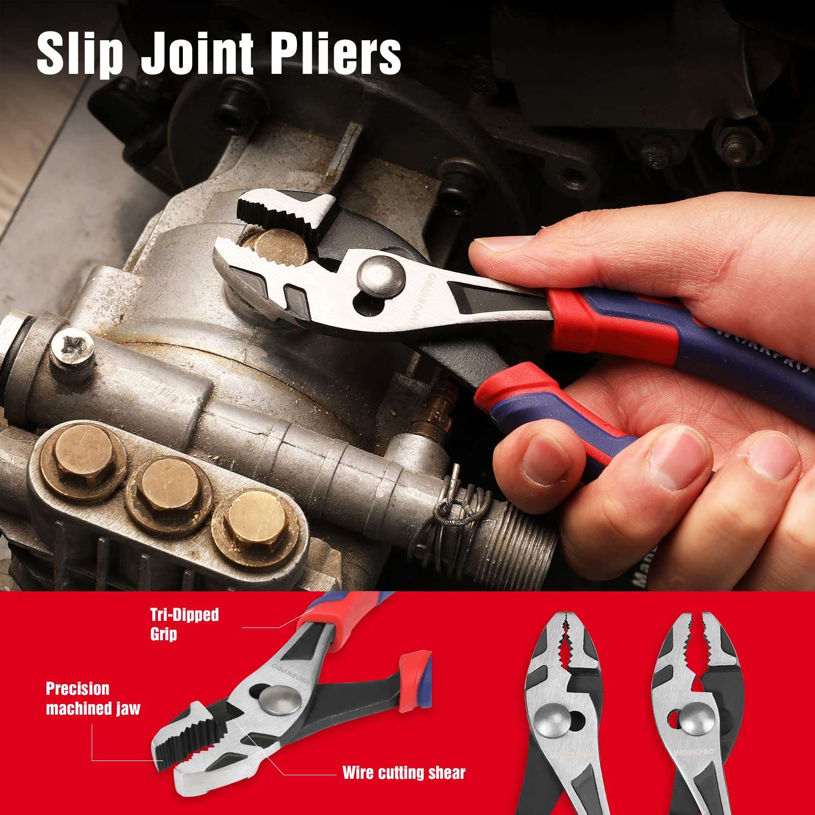 WORKPRO 4-Piece Pliers Set - Premium CR-V Construction Tool Set Including Long Nose, Diagonal Cutting, Groove Joint and Slip Joint Pliers - Red 4
