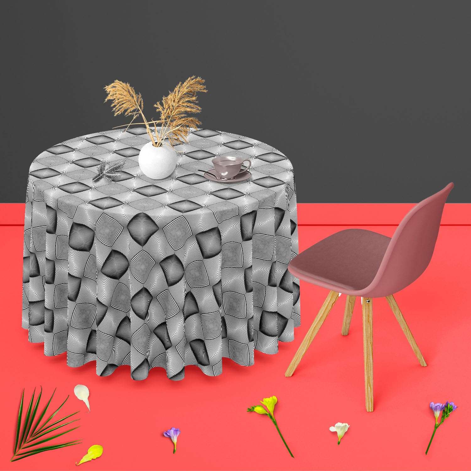 ArtzFolio Monochrome Squares | Table Cloth Cover for Dining & Center Table | Velvet Fabric | 8-Seater Table; 54 inch (137 cms) Diameter