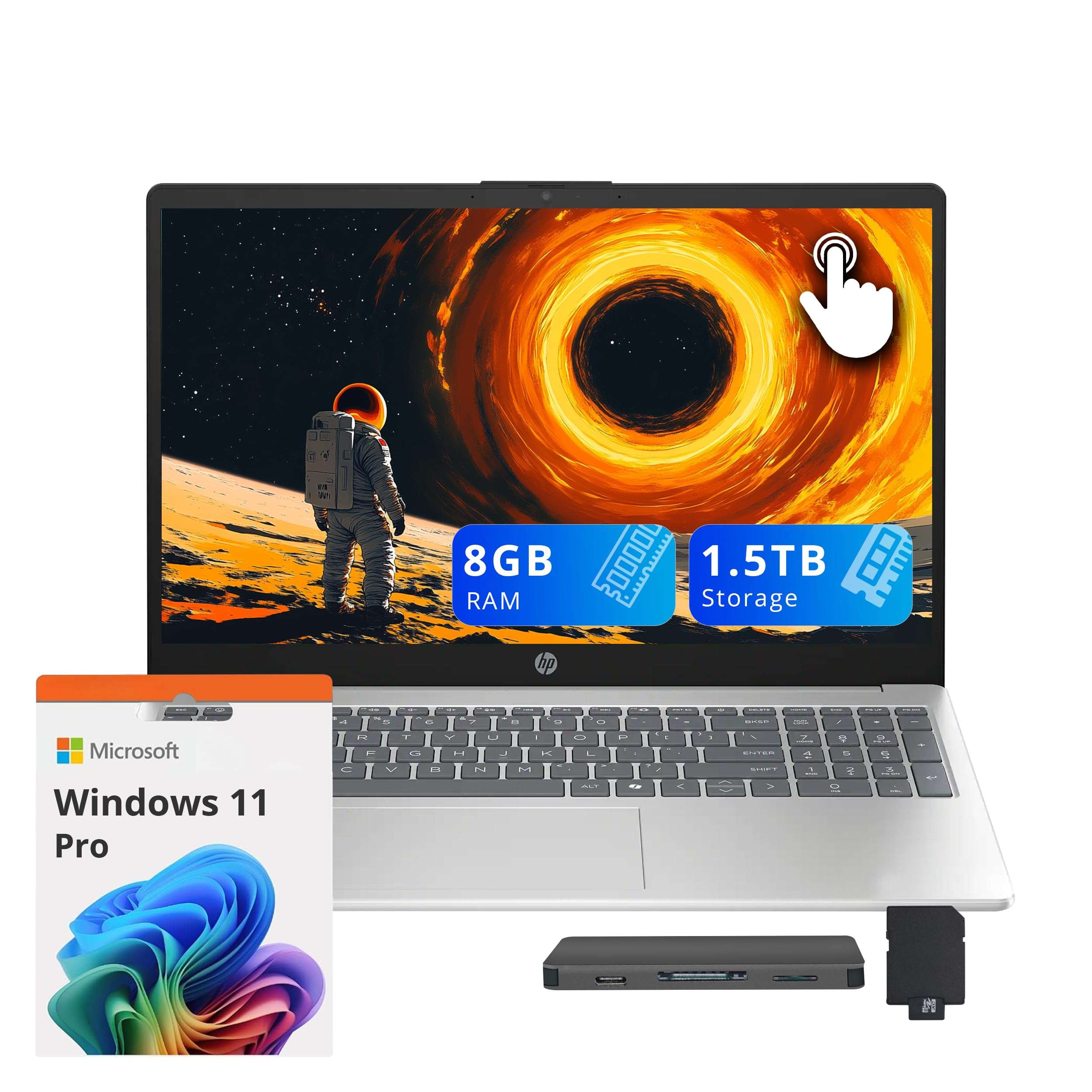 HP 15.6" FHD Touchscreen Laptop, AMD Ryzen 5 7520U, 8GB LPDDR5, 1.5TB Storage (512GB SSD+1TB Docking Station Set), AMD Radeon Graphics, Full-Size Keyboard, Copilot, Wi-Fi 6, Windows 11 Pro, Silver 1