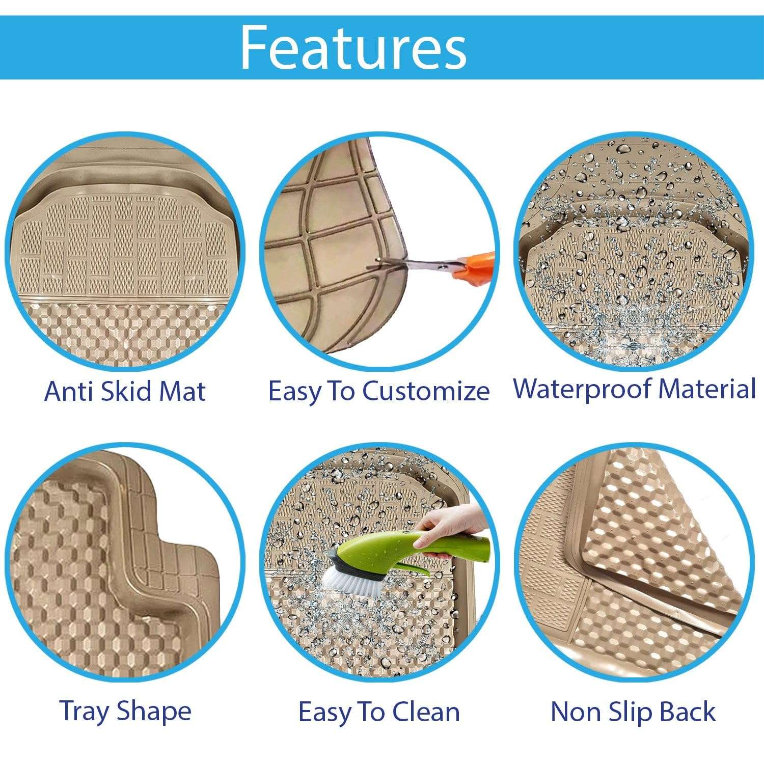 KINGSWAY 3G PVC Rubber Car Foot Mats Compatible with Hyundai I20 (Year 2020 Onwards), Universal Size Floor Mat, Complete Set of 5 Pcs, Waterproof and Washable, Beige Color 2